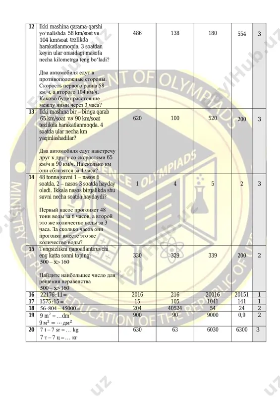 sos progonyaet 48 tonn vodi za 6 chasov, a vtoroy eto je kolichestvo vodi za 3 chasa. za skolko chasov oni progonyat vmeste eto je kolichestvo vodi? 1 4 5 2 3 15 tengsizlikni qanoatlantiruvchi eng katta sonni toping: 500 – 160x naydite naibolshee chislo dlya resheniya neravenstva 500 – 160x 330 329 339 200 2 16 22176:11= 2016 216 20016 20151 1 17 1575:15= 15 105 1041 141 1 18 56 804 – 45000 = 204 40524 54 24 2 19 2 29 m dm= 9 m2 = ⋯ dm2 900 90 9000 0,9 2 20 7 t – 7 sr kg= 7 t – 7 ts kg= 630 63 6030 6300 3