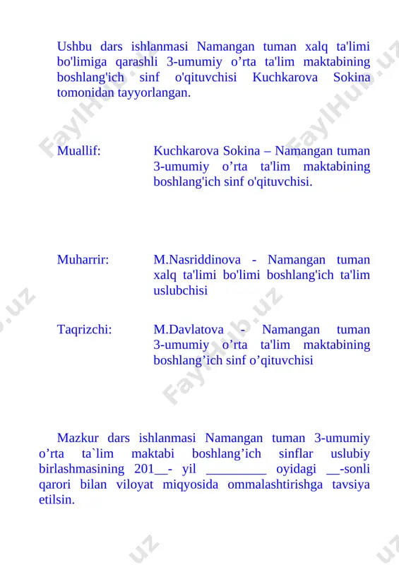riga rioya qilish va guruhda ishlash. fk1: o’rganilgan matematik tushunchalar, faktlar va algoritmlarni o’quv vaziyatlarda qo’llay olish va yangi bilimlarni hosil qila olish. fk2: o’rganilgan matematik tushunchalarni qabul qila olish, mavzuga oid misol, masalalarni keltira olish, bajara olish. dars turi: yangi bilim beruvchi. dars usuli: tushuntirish, aqliy hujum, musobaqa, mustaqil ish. dars jihoji: darslik, tarqatmalar, didaktik materiallar, akt, slayd. 1-bosqich tashkiliy qism 1.salomlashish. 2.davomatni aniqlash. 3.darsga tayyorlanish. 4.siyosiy daqiqa o’tkazish. 5.guruhlarga bo’lish, nomlash. 7 daqiqa 2-bosqich o’tgan mavzuni takrorlash, mustahkamlash 1.o’tgan mavzuni takrorlash. 2.savol-javob o’tkazish. 3.uy vazifasini tekshirish. 437-masala, 438-misol. 10 daqiqa 3-bosqich yangi mavzu bayoni 1.yangi mavzuni tushuntirish. 2.”o’ylab top” o’yini orqali 439-masalani og’zaki bajarish. 3. 440- masalani bajarish. 4. 441-masalani bajarish. 15 daqiqa 4-bosqich yangi mavzuni mustahkamlash 1.”archani bezat” o’yinini o’tkazish. 2.qorbobo yasash. 3. mantiqiy boshqotirmani yechish. 8 daqiqa 5-bosqich o’quvchilarni baholash 1.darsda faol qatnashgan o’quvchilarni baholash. 2.g’olib guruhni aniqlash 3 daqiqa 6-bosqich uyga vazifa berish uyga vazifa …