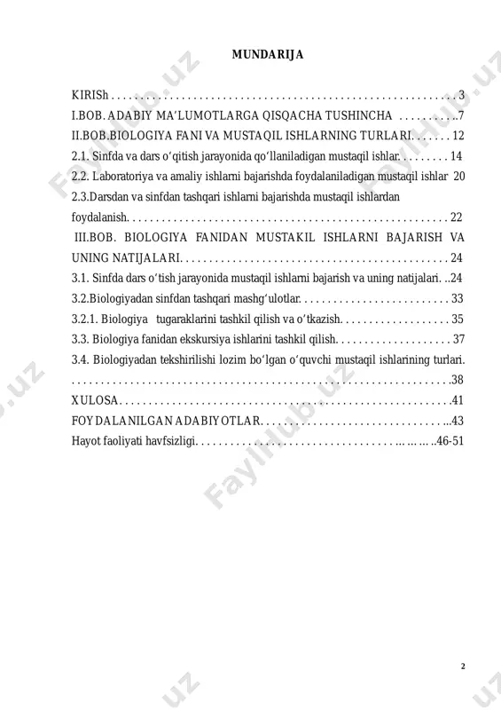. . . . . . .38 xulosa. . . . . . . . . . . . . . . . . . . . . . . . . . . . . . . . . . . . . . . . . . . . . . . . . . . . . . . . .41 foydalanilgan adabiyotlar. . . . . . . . . . . . . . . . . . . . . . . . . . . . . . . ...43 hayot faoliyati havfsizligi. . . . . . . . . . . . . . . . . . . . . . . . . . . . . . . . . . ………..46-51 3 kirish o‘zbekiston respublikasida uzluksiz ta’lim tizimining joriy etilishi, uzluksiz ta’lim tizimi turlari o‘rtasida uzviylik va …