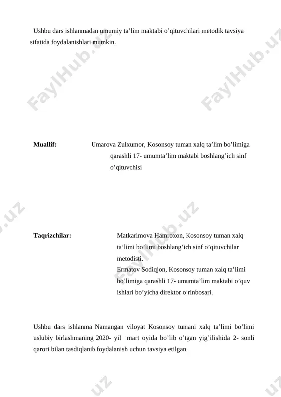 ri ravon, ifodali o`qish, husnixat asosida yoza olishi, matematika fanini sevishi bilan ajralib turadi. umarova zulxumor darslarida aktdan foydalanishni afzal ko`radi. o`qituvchi darslarni tarqatmalardan, ko`rgazmali qurollardan, testlardan, multimediyali ilovalardan, slaydlardan foydalanib tashkil etib kelmoqda. o`z malakasini oshirish maqsadida 2017-yil iyun oyida malaka oshirish kursiga borib qaytdi. maktabning ,,eng yaxshi boshlang`ich sinf o`qitivchisi” deb topildi va tuman bosqichida ishtirok etdi. tumanda o`tkazilgan ,,yilning eng yaxshi fan o`qituvchisi” tanlovida ishtirok etib faxrli o`rinni oldi . umarova zulxumor o`z faoliyati bo`yicha tinimsiz izlanadi, yosh pedagoglarga o`z mehnat faoliyatini o`rgatib boradi. mavzu: nollar bilan tugaydigan sonlarga bo’ lish 556-561-misol va masalalar. maqsad: a) ta’limiy: o’quvchilarning mavzu yuzasidan olgan bilimlarini mustahkamlash. nollar bilan tugaydigan sonlarga bo’lish mavzusini masalalar yechish orqali yanada mukammal tushuntirish o‘quvchilarga ko‘paytmani songa bo‘lishni o‘rgatish;tk1: fikrni mantiqiy izchillikda ifodalay olish;fk1: arifmetik amallarning algoritmlaridan foydalangan holda 1 000 000 ichida nomanfiy butun sonlar ustida amallarni bajara olish. b) tarbiyaviy: o’quvchilarga estetik tarbiya berish. …