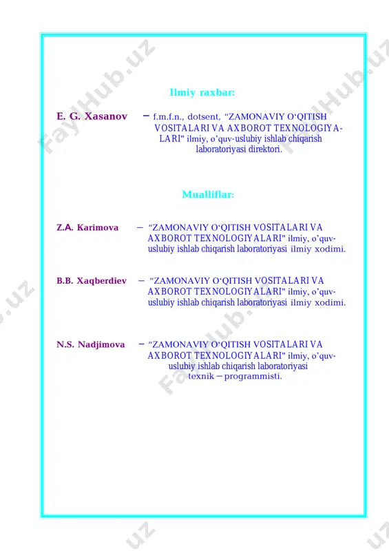 onlar ba’zi turlarining xromosomalar soni to‘g‘risidagi ma’lumotlar…………………………………………………23. 19. xromosomalarning diploid to‘plami………………………………………24. 20. tuxum hujayrasining tuzilishi……………………………………………..25. 21. spermatozoidning tuzilishi………………………………………………...26. 22. spermatozoid bilan tuxum hujayrasining rivojlanishi……………………..27. 23. urug‘lanayotgan urug‘chining tuzilishi……………………………………28. 24. changchining tuzilishi……………………………………………………...29. 25. yopiq urug‘li o‘simliklarda qo‘sh urug‘lanish……………………………..30. 26. urug‘lanish………………………………………………………………...31. genetika asoslari 27. umumiy genetika asoslari………………………………………………...32. 28. o‘zgaruvchanlik…………………………………………………………33. 29. genetik kod………………………………………………………………34. 30. o‘simliklarda fotosintez jarayoni………………………………………..35. 31. genlarning o‘zaro ta’siri………………………………………………...36. 32. monoduragay chatishtirishning borishi. monoduragay ajralishining sitologik asoslari…………………………....37. 33. no‘xatni diduragay chatishtirish…………………………………………38. 34. diduragay chatishtirishning sitologik asoslari…………………………...39. 35. odam genetikasi……………………………………………………..…...40. 36. jinsni aniqlashning asosiy turlari…………………………………………41. 37. jins genetikasi…………………………………………………………….42. 38. odamdagi ba’zi bir kasalliklarning nasldan-naslga o‘tish tiplari………..43. 39. tibbiy genetik maslahatlar………………………………………………..44. seleksiya asoslari 40. madaniy o‘simliklar kelib chiqqan markazlar…………………………….45. ekologiya asoslari 41. ekosistema………………………………………………………………...46. 42. biosfera va uning chegaralari……………………………………………47. 43. biosfera darajasi…………………………………………………………...48. 44. tabiatda karbonat angidridninng aylanishi………………………………..49. kirish so’zi kadrlar tayyorlash milliy dasturining ikkinchi bosqichida o’qitish samaradorligini va sifatini oshirishga e’tibor berish maqsadida zamonaviy o’qitish vositalaridan foydalanish lozim. ushbu o’quv-uslubiy qo’llanmaning mazmuni akademik litsey …