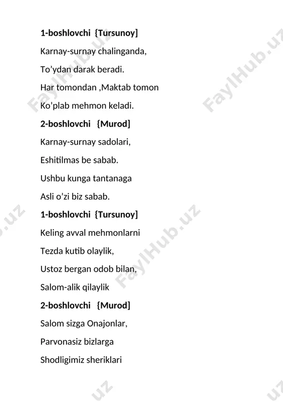 k bora maktabga qadam qo’ydik yuraklarda bir tuyg’u his va hayajon tuydik zuxra: qo’limizda guldasta kirib keldik maktabga mehr bilan gulnoza opamiz o’rgatdilar odobga. abdulloh: o’sha kundan,ustozim onamizdek suyamiz. sizga o’xshab so’ylaymiz, sizday qadam qo’yamiz. mirziyod: bag’ringizga intilib, bo’ldik bolangiz misol. bilim,hikmat bog’ida to’liqsiz ummon misol. diyora: qo’limizda tutdingiz, boshladingiz bir boqqa “bilimlar mamlakati” gurkiragan gul boqqa. jahongir: shundan beri siz bilim bog’bonimizsiz ustoz o’ngimizning posboni ustozim,sizga ta’zim. 1-boshlovchi {tursunoy]:-darhaqiqat ,biz o’quvchilarb 4 yil muqaddam maktab tomon qadan qo’yganimizda o’qish-yozishni bilmaydiga,hali maktab haqida to’la-to’kis tasavvurga ega bo’magan bolalar edik. 2-boshlovchi {murod]-mana oradan 4 yil vaqt o’tdi.biz endi “boshlang’ich sinf bitiruvchilari”bo’lib qoldik.shu o’tgan davr ichida ustozim yordamida ko’p bilimlarni egalladik.bu hammasi oson bo’lmadi.siz ustozimizning tinimsiz jon kuyarliklari-yu mashaqqatli mehnatlarining evaziga bugungi tantanaga yetib keldik. tursunoy: biz o’shanda g’o’r edik,urushqoq va zo’r edik. o’tirishni bilmasdik. kerak ishni qilmasdik. murodjon: anqayardik birimiz, gap sotardik birimiz qalam,ruchka ushlashga bo’ysunmasdi qo’limiz. jahongir: kimlardir darda mahal. …