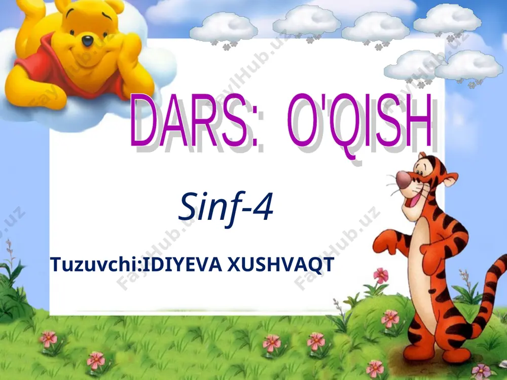 ildan sevish va ardoqlash ifoda etilgan. mirtemir 1978-yil 24-yanvarda 68 yoshda vofot etgan lug’at ishi bo’zlashaylik-mungli,dardli tovush chiqarmoq,nola qilmoq tuvaloq-ov qilinadigan,go’shti mazali yirik qush tuzoq-qopqon yovuq-yaqin tillashaylik-gaplashaylik quvnashaylik-xursand bo’laylik sirlashaylik-dilimizdagi yashirin gaplarni aytish ma’nosida uzoq-tuzoq bo’zlashaylik-so’zlashaylik quvlashaylik-quvnashaylik sayrashaylik-yayrashaylik chumchuqlar-chug’urchuqlar zarg’aldoq-tuvaloq tustovuq-yovuq bedana-sedana sirlashaylik-tillashaylik “qofiyadoshini top” metodi o’zingizni sinab ko’ring! swal-low quail swan oriole eagle bird zarg’al-doq oq-qush qush beda-na bur-gut qaldir-g’och dars oxirida o’quvchilar bilimini sinash uchun bbb interfaol usuldan foydalaniladi. bilardim bilib oldim bilmoqchiman e’tiboringiz uchun rahmat!!! *