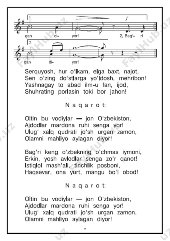 rintoylarim, yulduzlarim oylarim, latofatga boylarim, ham sho’x quvnoqlarim. tinglab mening so’zlarim,olgan siz saboqlarim, o’ylab puxta javob bering, hozir qay dars aytib bering. o‘quvchi: hozir musiqa darsi b) darsimiz shiori: -bilim ol, hunar tanla! -bilim olib, hunarli bo`lishimiz uchun eng kerakli boyligimiz bu -sog`ligimiz. o’qituvchi: sizlar qanday bolalarsiz? hamma:bizlar– buyuk yurt osmonida go’zal kamalak, barkamol avlod bo’lmoq –eng ezgu tilak. davomatni aniqlash o’qituvchi: -bugun oddiy dars emas, balki sinov darsidir. o’tib olsak sinovdan, bu hammadan yaxshidir. qani,ayting bolalar, kim navbatchi bo’ladi? ushbu kunning hisobin menga aytib beradi. ii. o’quvchilarga musiqa fani haqida tushuncha berish iii.yangi mavzu bayoni: [image: ] [image: ][image: ][image: ][image: ][image: ] iv.mustahkamlash: savol-javob o’tkazish v.baholash. yaxshi kuylagan o’quvchilar rag’batlantiruladi. [image: ][image: ][image: ] vi.uyga vazifa:shaftoliga savolim she’ri yodlash sana:___________ mavzu: mehnat qo‘shiqlari. musiqa tinglash: “xo‘p hayda”, “urchuq” kuylari. “jiyda”, p.po‘latov she’ri, x.po‘latov musiqasiga mos chapak chalib, ritmik jo‘r bo‘lish. jamoa bo‘lib kuylash: “bolalik”, dilnur she’ri, x.hasanova musiqasi. …