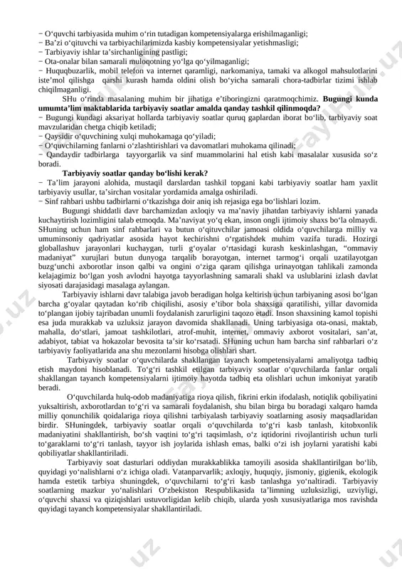 ogik va zamonaviy axborot-kommunikatsiya texnologiyalarini joriy etish;o‘quvchilarni ijtimoiy hayotga tayyorlashda ta’lim, fan va ishlab chiqarishning samarali integratsiyasini ta’minlashdan iborat. bugungi kunda axborot oqimining tezligi natijasida hayotimizga ommaviy madaniyatni salbiy ta’sirlari ham sezilmoqda. bu masalani o’quvchilarning ijtimoiy hayotlari misolida ko‘rishimiz mumkin. ba’zida ota-onalar tomonidan bolalarning beodobligi, o‘z fikrini og‘zaki yoki yozma tarzda aniq ifodalay olmasligi, mas’uliyatning yetishmasligi, atrofidagilar bilan kelisha olmasligi, o‘ziga tegishli bo‘lgan mablag‘largni to‘g‘ri taqsimlay olmasligi haqidagi fikrlarni eshitib qolamiz. shuning uchun ham dasturni ishlab chiqishda xaqlaro va milliy tajribaga asoslanilganligini alohida ta’kidlab o‘tish joizdir. “ta’lim muassasalari sinf rahbari to`g`risida nizom”ga asosan“sinf rahbari - ta’lim muassasasining tarbiyaviy tizimidagi tayanch pedagoglardan biri bo`lib, o`ziga biriktirilgan sinf o`quvchilarining amalda belgilangan ta’lim va tarbiya olishlarini tashkil etadi.”shu nuqtai nazardan olib qaraganda bugungi kunda ta’lim muassasalari sinf rahbarlari faoliyatida quyidagilarga o‘xshash muammolar ko‘zga tashlanmoqda: − ayrim sinf rahbarlari tomonidan o‘quvchilarni tarbiyalash jarayonida o‘z oldilariga qo‘ygan maqsad va vazifalarining to‘g‘ri tashkil etilmaganligi; − tarbiyaviy …