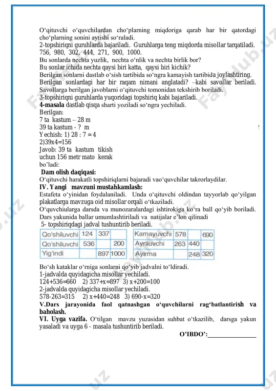 32, 285, 1000 masalan: 756 sonini olsak, 7 ta kvadrat, 5 ta uchburchak, 6 ta doira rasmi beriladi. + + =756 1-topshiriqda har bir qatordagi cho„plarning soni so„raladi. o„qituvchi o„quvchilardan cho„plarning miqdoriga qarab har bir qatordagi cho„plarning sonini aytishi so„raladi. 2-topshiriqni guruhlarda bajariladi. guruhlarga teng miqdorda misollar tarqatiladi. 756, 980, 302, 444, 271, 900, 1000. bu sonlarda nechta yuzlik, nechta o„nlik va nechta birlik bor? bu sonlar ichida nechta qaysi biri katta, qaysi biri kichik? berilgan sonlarni dastlab o„sish tartibida so„ngra kamayish tartibida joylashtiring. berilgan sonlardagi har bir raqam nimani anglatadi? –kabi savollar beriladi. savollarga berilgan javoblarni o„qituvchi tomonidan tekshirib boriladi. 3-topshiriqni guruhlarda yuqoridagi topshiriq kabi bajariladi. 4-masala dastlab qisqa sharti yoziladi so„ngra yechiladi. berilgan: 7 ta kastum – 28 m 39 ta kastum - ? m yechish: 1) 28 : 7 = 4 2)39x4=156 javob: 39 ta kastum tikish uchun 156 metr mato kerak bo‟ladi: 1) 9 dam olish …