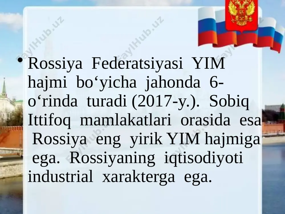 osan, uchta yirik temir rudasi havzalari – kuznetsk, magnitogorsk va kursk magnit anomaliyasiga tayanadi. rangli metallurgiya. rossiya yuqori darajada rivojlangan rangli metallurgiya sanoatiga ham ega. uning asosiy mahsulotlari – alyuminiy, nikel, mis, oltin, kumush, rux va qo‘rg‘oshin. jumladan, alyuminiy va nikelni qazib olish bo‘yicha jahonda 2-o‘rin, ularning eksporti bo‘yicha esa 1-o‘rinda turadi (2016-y.). oltin qazishda mamlakat jahonda 3-o‘rinda turadi. rangli metallurgiyaning eng yirik korxonalari sharqiy sibirda faoliyat ko‘rsatmoqda (34-rasm). bunda yenisey va angara daryolarida qurilgan yirik geslarning ahamiyati katta. mashinasozlik mashinasozlik sanoati rossiyada ko‘p tarmoqli tarkib va keng geografiyasi bilan ajralib turadi. rossiyaning mashinasozligi aviakosmik texnika, energetika qurilmalari, vagon, yengil va yuk avtomobillari, qishloq xo‘jaligi mashinalari, turli dastgohlarni ishlab chiqarishga ixtisoslashgan. mamlakatning eng katta avtomobil zavodi – tolyatti shahridagi «avtovaz» korxonasi.kimyo sanoatining eng muhim mahsuloti mineral o‘g‘itlar hisoblanadi. barcha turdagi mineral o‘g‘itlarni ishlab chiqarish bo‘yicha rossiya jahonda xitoydan keyingi 2-o‘rinni egallaydi (2016-y.) avtomobilsozlik sanoati rossiyaning avtomobil sanoati yengil avtomashinalar, yuk …