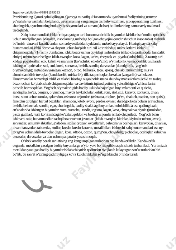 ”, “tushunchalar tahlili” “kubik” “charxpalak”, “t- jadval”, “blits savol” va shu kabi metodlar (belgilangan metodlardan darsda qo’llanilishi lozim bo’lganining tagiga chizing). darsda jihozi: texnologiya fani o'quv xonasi, rasm va tarqatma materiallar, o'quv qurollari, elekron materiallar, test materiallari, shablonlar, mehnat qurollari. darsning borishi: i. tashkiliy qism: a)salomlashish b) davomatni aniqlash c) darsga tayyorgarlik ko‘rish ii. uyga vazifani so’rash:a)savol - javob o‘tkazish b)topshiriqlarni tekshirish c) o‘quvchilami baholash iii. yangi mavzu bayoni: hozirgi vaqtda xalq hunarmandlari tomonidan mahsulot yaratish va uni sotish bevosita bozor munosabatlari bilan uzviy bog‘liq. chunki bozordagi talab va taklifni o‘rganmasdan biror mahsulot ishlab chiqarib bo‘lmaydi. xalqimizning boy madaniy merosi va tarixiy an’analarini to‘liq saqlab qolish va yanada boyitish, hunarmandchilikni keng miqyosda qo‘llab-quvvatlash hamda hunarmandchilik bilan shug‘ullanishga aholini, ayniqsa, yoshlar, ayollar va kam ta’minlangan oilalarni jalb qilishni rag‘batlantirish maqsadida 2017-yilning 17-noyabrida o‘zbekiston respublikasi prezidentining «hunarmandchilikni yanada rivojlantirish va hunarmandlarni har tomonlama qo‘llab-quvvatlash chora-tadbirlari to‘g‘risida»gi farmoni qabul qilindi.mazkur farmon ijrosini ta’minlash …