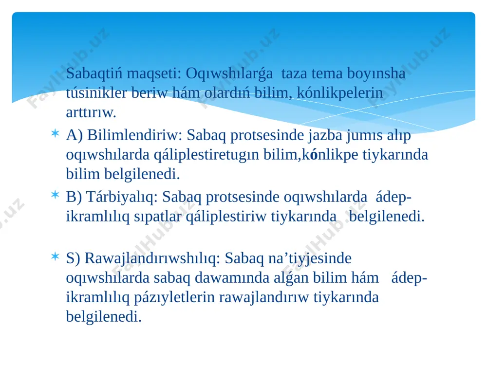 i7shilarǵa ótilgen tema boyinsha sora7lar berip bilimlerin tekseremen. 2. ótilengen temalardi eske túsiri7. 1) kinetikaliq energiya degenimiz ne? 2) potensiyalliq energiya degenimiz ne? 3) jumıs degenimiz ne? 4) quwatlılıq degenimiz ne? insan miynet eti7 barisinda kóbirek kúúshine emes al a3ilina súynenedi. a7ir júúkti kóteri7de orninian jilistiri7da api7ayi mexanizimlerden paydalani7di insanlar ayemnen ózlestirip alǵan. dene teńsalmaqlılıq halatınan shetke shıǵarılǵanda, onı dáslepki halatına qaytarıwshı kúsh payda bolatuǵın teńsalmaqlılıqqa turaqlı teńsalmaqlılıq delinedi. dene teńsalmaqlılıq halatınan shetke shıǵarılǵanda onı teńsal­maqlılıq halatınan jáne de kóbirek uzaqlastıratuǵın kúsh payda bolatuǵın teń salmaqlılıqqa turaqsız teńsalmaqlılıq delinedi denenı teńsalmaqlılıq halınan shetke shıǵarılǵanında onıń halın ózgertetuǵın hesh qanday kúsh bolmasa, bul parqsız teńsalmaqlılıq delinedi. tayanısh maydanına iye bolǵan deneniń awırlıq orayınan ókerilgen vertikal sızıq tayanısh maydanınan shıǵıp ketse, dene awdarıladı. denelerdiń teńsalmaqlılıǵı hám ápiwayı mexanizmler. rıchag qozǵalmaytuǵın tayanısh átirapında aylana alatuǵın qattı denege rıchag delinedi. m1= m2 rıchagtıń teńsalmaqlılıqta bolıw shárti arximed tárepinen tabılǵan. f1· l1=f2· l2 rıchaglar turmıs …