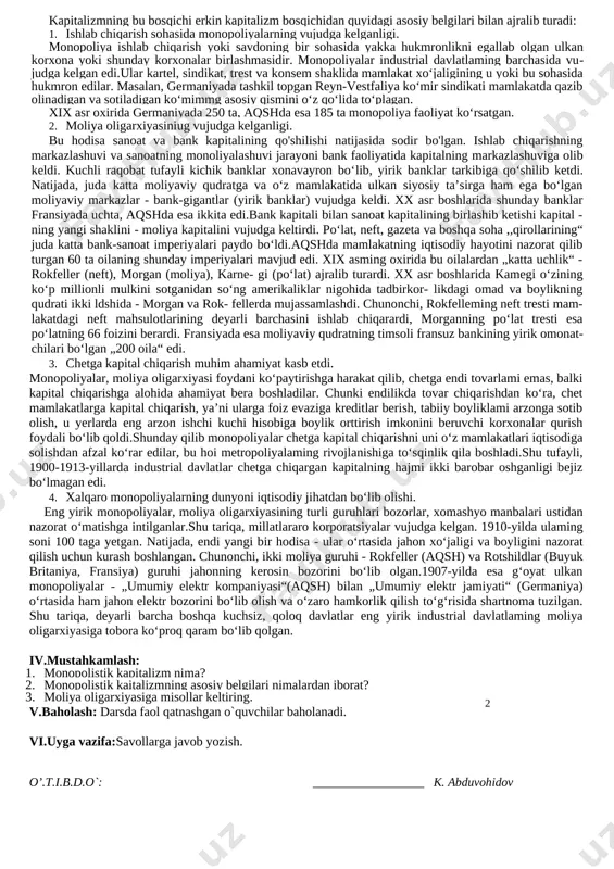im raqamida yozilgan raqamlarni o‘qiy oladi. miloddan avvalgi, era, milodiy yillar o‘rtasidagi farqalarni matematik amallar bilan yecha oladi. fanga oid kompetensiyalar: · tarixiy voqeilikni tushunishvauni mantiqiy izchillikda tushuntira olish kompetensiyasi. tarixiy davrlar va -yillarni ajrata oladi, tarixiy hisobini tushuntira oladi; mazkur davrni o‘rganish orqali o‘quvchilar tarix fanining o‘rganilayot- gan davriga oid tarixiy atamalar mazmunini biladi; tarixiy shaxslar haqida ma’lumot bera oladi,tarixiy sanalarda ro‘y bergan voqealar haqida ma’lumot bera oladi · tarixiy manba va adabiyotlar bilan ishlash kompetensiyasi. tarixiy illustrasiyalar asosida kichik hikoyalar tuza oladi, tarixiy joylarni xaritadan ko‘rsata oladi darsning blok sxemasi: № darsning qismlari belgilangan vaqt. 1. tashkiliy qism 3 daqiqa 2. o`tilgan mavzuni takrorlash 12 daqiqa 3. yangi mavzu bayoni 14 daqiqa 4. mustahkamlash 12 daqiqa 5. baholash 2 daqiqa 6. uyga vazifa 2 daqiqa i.tashkiliy qism: salomlashish,davomatni aniqlash,sinf tozaligini kuzatish. ii.o`tilgan mavzuni takrorlash: o`quvchilarning 8-sinfda olgan bilimlari sinab ko`riladi. 1. buyuk geografik kashfiyotlar qanday salbiy oqibatlarga olib …