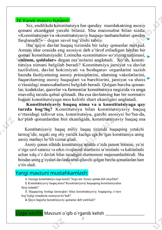 _____________________________ ____________________________________________________ ii.darsning turi: amaliy, nazariy, aralash, noan`aviy, ananaviy. iii.darsning usuli: . aqliy hujum, savol-javob, guruhlarda ishlash. iv.darsning jihozi: darslik ,ko’rgazmali qurollar. v.didaktik jihoz: tarqatma materiallar, slaydlar ,bukletlar. [image: image6.png] vi.texnik jihoz: kadoskop,kompyuter, diaproyektor ekran. vii.darsuchun talab etiladigan vaqt: 45 minut: darsning texnik chizmasi: dars bosqichlari vaqt tashkiliy qism. yangi mavzuni boshlashga hozirlik yangi mavzuni yoritish guruhlarda ishlash. yangi mavzuni tahlil qilish darsni yakunlash uyga beriladigan topshiriqlar viii.darsning borishi (reja): 1.tashkiliy qism: a)salomlashish, b)tozalikni aniqlash, d)davomatni aniqlash c) darsga tayyorgarlik ko`rish va dars rejasi 2. uyga vazifani so`rab baholash: a) og`zaki so`rov b) daftarni tekshirish v) tarqatma materiallar orqali g) misollar yechish e) amaliy. ix.yangi mavzu bayoni: [image: image7.png] [image: image8.png] yangi mavzuni mustahkamlash: [image: image9.png] uyga vazifa: mavzuni o`qib o`rganib kelish __________________ foydalanilgan adabiyotlar: 9-sinf darsligi, qo`shmcha adabiyotlar. o’quv ishlari bo’yicha direktor o’rinbosari: ______________ ________ sana:________“___” _________-yil huquq fani sinf:9-a 9-b9-v 3- mavzu. o`zbekiston respublikasi konstitutsiyasining o`ziga xos xususiyatlari …