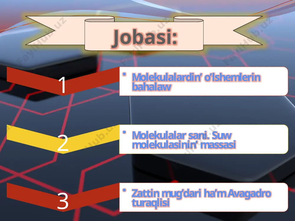 (h2o) bir molekulasinin’ massasi minag’an ten: salistirmali molekulaliq massa. molekulalardin’ massalari og’ada kishi bolg’anliqtan , esaplawda massalardin’ absolyut ma’nislerin emes , al salistirmali ma’nislerin paydalang’an qo’layli. xaliq-araliq kelisim boyinsha barliq atomlar menen molekulalardin’ (atomliq massalardin’ yglebodliq shkalasin dep atalatug’in )1 uglerod atomi massasin u’lesi menen salistiradi.zattin’ salistirmali molekulaliq (yamasa atomliq ) mo massasinin’ uglerod atomin moc massasinin’ u’lesi qatnasina aytiladi : mr = zattin mug’dari ha’m avagadro turaqlisi . zattin’ mug’darin ,denedegi molekulalar yamasa atomlardin’ sani menen o’lshegen og’ada ta’biyg’iy bolg’an bolar edi .biraqta qa’legen makroskopiyaliq denedegi molekulalardin’ sani og’ada ko’p bolg’anliqtan esaplawlarda molekulalardin’ absolyutlik sanin paydalanbay salisitirmali sanin paydalaniladi. bir mo’l uglevadarodin 0,012 kg da qansha atom bolsa ,sonsheli molekulasi yamasa atomi bar zattin mug’dari. avagadro turaqlisin aniqlaw ushin uglerottin’ bir atominin’ massasin tabiw kerek. massasin turpayi tu’rde bahalaw , joqarida suw molekulasin massasin qalay aniqlang’an bolsa ,sonday etip ju’rgiziliwi mu’mkin . o’lshermleri uglerod atominin’ massasi moc=1,995·10-26kg ekenligin ko’rsetedi.avagadro …