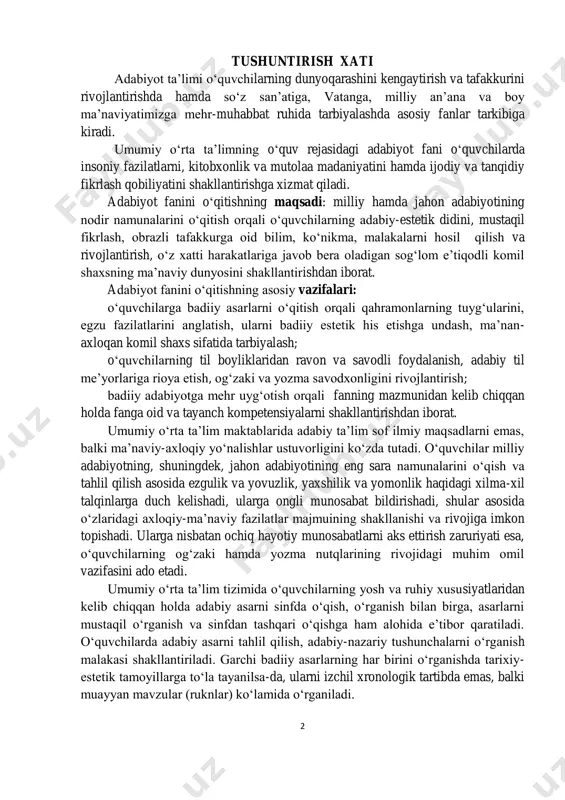 ning shakllanishi va rivojiga imkon topishadi. ularga nisbatan ochiq hayotiy munosabatlarni aks ettirish zaruriyati esa, o‘quvchilarning og‘zaki hamda yozma nutqlarining rivojidagi muhim omil vazifasini ado etadi. umumiy o‘rta ta’lim tizimida o‘quvchilarning yosh va ruhiy xususiyatlaridan kelib chiqqan holda adabiy asarni sinfda o‘qish, o‘rganish bilan birga, asarlarni mustaqil o‘rganish va sinfdan tashqari o‘qishga ham alohida e’tibor qaratiladi. o‘quvchilarda adabiy asarni tahlil qilish, adabiy-nazariy tushunchalarni o‘rganish malakasi shakllantiriladi. garchi badiiy asarlarning har birini o‘rganishda tarixiy- estetik tamoyillarga to‘la tayanilsa-da, ularni izchil xronologik tartibda emas, balki muayyan mavzular (ruknlar) ko‘lamida o‘rganiladi. 3 albatta, buncha katta davrdagi adabiy jarayonning barcha mavzulari istisnosiz tarzda o‘rganilmaydi. balki ular tegishli pedagogik-didaktik talablar doirasida saralanib o‘rganiladi. bunda asosiy g‘oyalar quyidagilardan iborat: asosiy urg‘u yuksak badiiylik talablariga to‘la javob beradigan asarlarga qaratiladi; ushbu bosqichda mumkin bo‘lgan darajada adabiy-estetik xususiyatlariga ko‘ra oldingi bosqichlarda takrorlanmaydigan ijodkorlar va badiiy asarlar tanlab olinadi; ularni o‘rganishda ekstensiv emas, balki intensiv usulga ustuvorlik beriladi. bunda …