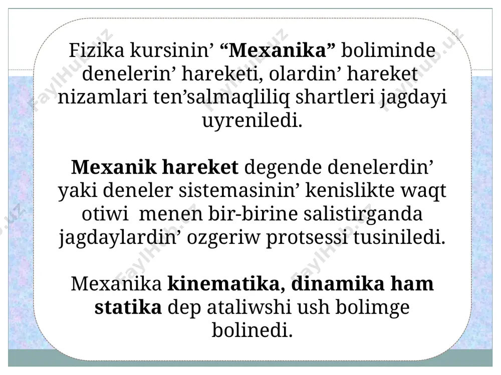 hadiyseler ushin absolyut ham jalgiz waqit haqqindagi koz qaraslar tola orinli boladi. sanaq baslaniwi ushin tanlap alingan dene yaki bir-birine salistirganda tinish turgan deneler sistemasi, ogan biriktirilgen kordinatalar sistemasi ham waqit olshewshi asbap birgelikte sanaq sistemasin payda etedi. adette qolayliliq ushin dene yaki deneler sistemasi aytilmastan, olarga baylanisqan koordinatalar sistemasinan paydalaniladi . sanaq sistemasi tusinigi dene jagdayinin’ kenislik – waqit xareteristikalarin oz ishine aladi, bunde denenin’ kenislik xarakteristikasi onin’ kordinatalari jardeminde sanlar arqali berilse waqit xarekteristikasi bolsa waqit olshewshi asbap birlikleri (saat, minut, sekundlar) da beriledi kenislik ham waqit bir jinsliginan jane bir ahmiyetli nizamliq- saqlaniw nizamlari kelip shig’adi. maselen, waqittin’ bir jinsliginan energiyanin’ saqlaniw nizami, kenisliktin’ bir jinslig’inan impulstin’ saqlaniw nizami kelip shig’adi. image4.wmf image3.jpeg