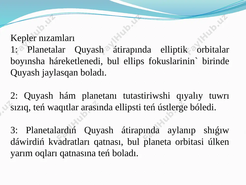 fokuslar arasındaǵı aralıqtan úlken. keplerning birinshi nızamı, planetalardıń orbitasi áyne ellips formasında ekenin aytıp otedi jáne onıń fokuslarinin` birinde quyash jaylasadı dep uqtiradi. barlıq planetalardıń orbitalari ekssentrisiteti (sozinshaqlig`i) hám olardıń perigeliy hám apogeydagi quyashǵa shekem bolǵan aralıǵı túrlishe bolıp tabıladı. biraq, barlıq elliptik orbitalar ushın ulıwma bolǵan birden-bir tárep bar: olardıń barlıǵında fokuslarinin` birinde álbette quyash jaylasqan boladı. tixo bragening baqlaw nátiyjelerin úyrenip shıǵıp, kepler planetalardıń elliptik orbitalari bir-biri menen ústpe-úst túsetuǵın ellipslardan ibarat ekenin bayqap qaldı. bul astronomiya tariyxında sol waqitqasha ele hesh kimdiń oyina kelmegen jańa ashılıw edi. keplerdin` ekinshi nızamı planetanıń quyash átirapındaǵı háreket tezligi haqqında sóz júrgizedi. oǵan kóre, planeta quyashqa qansha jaqın kelse, onıń tezligi soǵan sáykes artadı ; elliptik orbita boylap ol quyashtan qansha alis ketse, tezligi de soǵan mas túrde kemeyedi. bunda, teń waqıt intervalları boyınsha, planeta hám quyashtı tutastirib turıwshı qıyalıy sızıq penen shegaralanǵan ellips sektorlarınıń maydanı mudami teń boladı. bul eki …