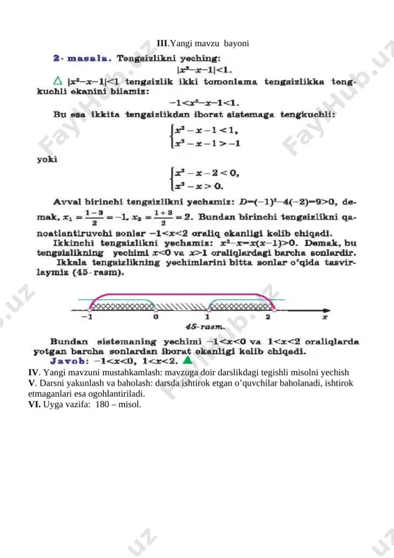 hi va mustahkamlovchi. o’quv jarayonining amaliga oshirish texnologiyasi o’qitish usullari: blits-so’rov, savol-javob. o’qitish shakllari: guruhlara ishlash, frontal, jamoaviy. o’qitish vositalari:darslik, mavzuga oid dars taqdimoti, multimediya darslari monitoring va baholash: og’zaki va test nazorati, amaliy vazifalar. 1 tashkiliy qism 3 daqiqa 2 o’tilgan mavzuni so’rash 6 daqiqa 3 yangi mavzu bayoni 27 daqiqa 4 yangi mavzuni mustahkamlash 5 daqiqa 5 darsni yakunlash va baholash 2 daqiqa 6 uyga vazifa 2 daqiqa [image: ] i.tashkiliy qism a) salomlashish b) davomatni aniqlash c) o’quvchilarning darsga tayyorgarligini tekshirish ii.o’tilgan mavzuni so’rash: o’quvchilar o’rtasida savol-javob o’yinini tashkil qilish. iii.yangi mavzu bayoni [image: ] [image: ] iv. yangi mavzuni mustahkamlash: mavzuga doir darslikdagi tegishli misolni yechish v. darsni yakunlash va baholash: darsda ishtirok etgan o’quvchilar baholanadi, ishtirok etmaganlari esa ogohlantiriladi. vi. uyga vazifa: 180 – misol. tasdiqliyman o’quv ishlari bo’yicha direktor o’rinbosari: ___________________________ algebra – 9. 32 – dars. sinf 9- 9- 9- 9- sana mavzu: …