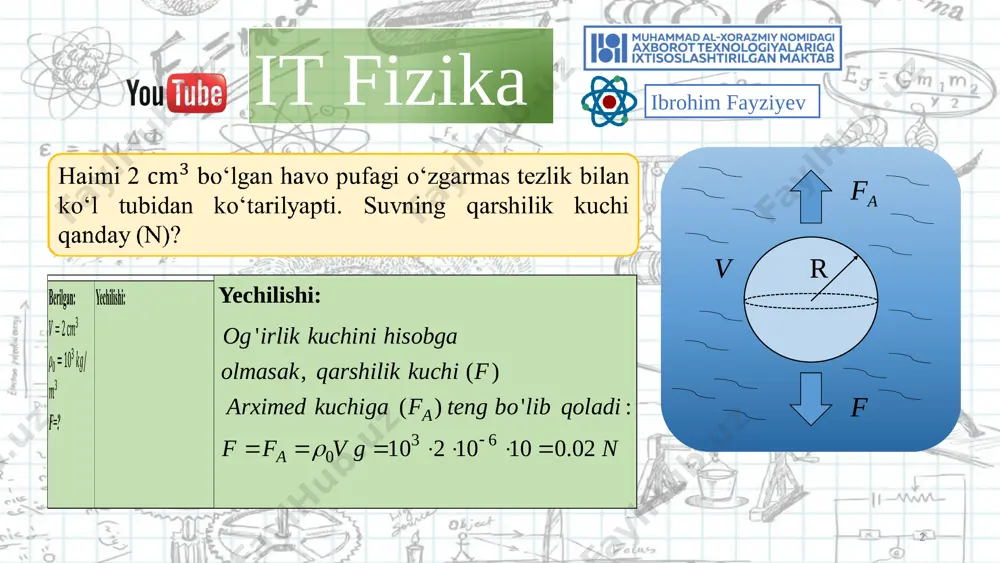 berilgan: yechilishi: ma f p 11 it fizika ibrohim fayziyev massasi 3 kg bo‘lgan jism 8 m/s2 tezlanish bilan tik tushayotgan bo‘lsa, havoning qarshilik kuchi qanday (n)? mg f ma berilgan: f=? yechilishi: 12 it fizika ibrohim fayziyev yuqoriga tik otilgan 80 g massali jismga havoning 0,8 n qarshilik kuchi ta’sir etayotgan bo‘lsa, jismning tezlanish moduli necha m/s2 ga teng? berilgan: yechilishi: p f ma 13 it fizika ibrohim fayziyev blokka rasmdagidek osilgan va massalari bir xil bo‘lgan 3 ta yuk qanday (m/) tezlanish bilan harakatlanadi? ishqalanish hisobga olinmasin. berilgan: yechilishi: mg t 2mg t m m m 14 it fizika ibrohim fayziyev vaznsiz qo‘g‘almas blok orqali o‘tkazilgan chilvirga massalari 6 va 4 kg bo‘lgan yuklar osilgan. ular qanday (m/s2) tezlanish bilan harakatlanadilar? g=10 m/. berilgan: yechilishi: m2g t m1g t m2 m1 15 it fizika ibrohim fayziyev massalari va bo‘lgan ikki jism qo‘zg‘almas blok orqali o‘tgan vaznsiz va cho‘zilmaydigan …