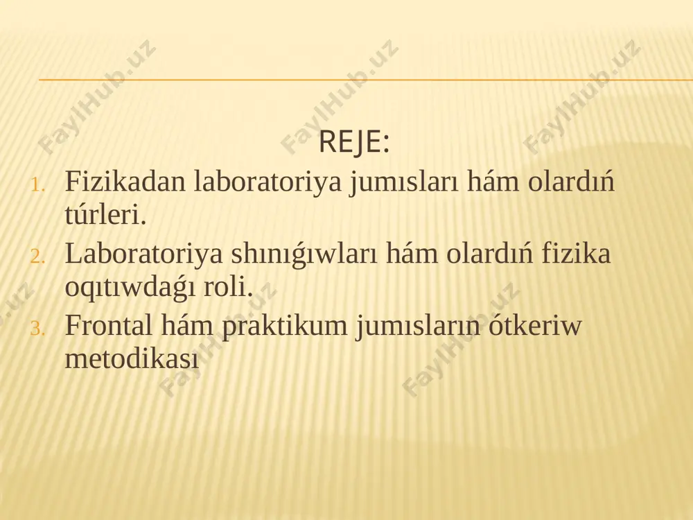 jiriybelerdi orınlaw oqıwshılarda baqlawshılıqtı, ápiwayı ásbaplar menen islew, ólshewler menen baylanıslı bolǵan ámellerdi hámde oqıtıwshı tárepinen kórsetilgen tájiriybeni óz betinshe qayta orınlaw kónlikpelerin payda etedi. fizikalıq praktikum eksperimenttiń ilimy izertlew metodı bolıp, oqıwshılar bilimin ulıwmalastıradı, tájiriybeni orınlawda óz betinshe islewdiń joqarı dárejede bolıwın támiyinleydi, ilim izertlew jumıslarında qollanılatuǵın quramalı fizikalıq ásbaplar menen islew kónlikpeleri qáliplesedi. bunda oqıwshılar izertlew elementlerine kiriwshi tájiriybelerdi qoyıw ushın kerekli kónlikpelerdi iyelew menen birge oqıw laboratoriya eksperimentin ilim izertlew metodı sıpatında túsinip baradı. fizika kursındaǵı hár qanday eksperimental tájiriybe anıq, este qalarlı, anıq maqsetke baǵdarlanǵan bolıwı kerek. bul máseleni sheshpesten turıp, oqıwshılardı fizikalıq tájiriybelerdi qoyıwǵa tayarlaw múmkin emes. oqıwshılarda eksperimentti óz betinshe rejelestiriw hám ámellerdiń izbeizligin orınlaw kónlikpelerin shólkemlestiriw máselesi tómendegi metodtı ámlege asırıw menen sheshiliwi múmkin: tájiriybeni qoyıw maqsetin anıqlastırıw; tájiriybeniń tiykarına qoyılıwı múmkin bolǵan shipotezanı qáliplestiriw; gipotezanı tekseriw ushın kerek bolatuǵın shártlerdi anıqlaw; eksperimentti ótkeriw rejesin dúziw; kerekli úskenelerdi tańlaw; tájiriybe qurılmasın jıynaw; baqlaw …