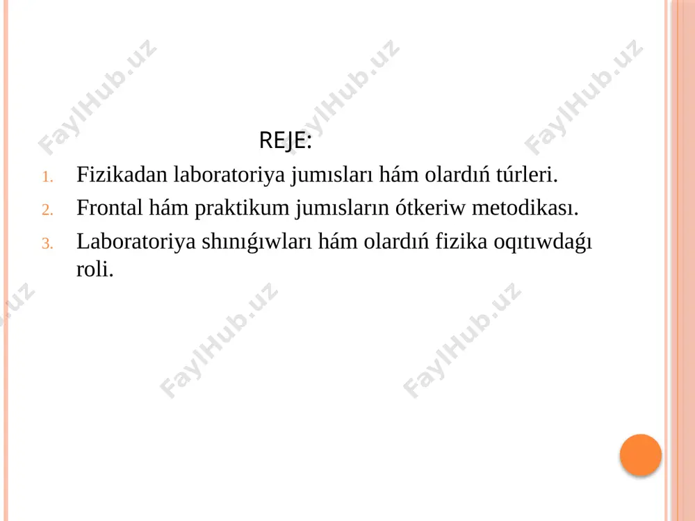 jiriybelerdi orınlaw oqıwshılarda baqlawshılıqtı, ápiwayı ásbaplar menen islew, ólshewler menen baylanıslı bolǵan ámellerdi hámde oqıtıwshı tárepinen kórsetilgen tájiriybeni óz betinshe qayta orınlaw kónlikpelerin payda etedi. fizikalıq praktikum eksperimenttiń ilimy izertlew metodı bolıp, oqıwshılar bilimin ulıwmalastıradı, tájiriybeni orınlawda óz betinshe islewdiń joqarı dárejede bolıwın támiyinleydi, ilim izertlew jumıslarında qollanılatuǵın quramalı fizikalıq ásbaplar menen islew kónlikpeleri qáliplesedi. bunda oqıwshılar izertlew elementlerine kiriwshi tájiriybelerdi qoyıw ushın kerekli kónlikpelerdi iyelew menen birge oqıw laboratoriya eksperimentin ilim izertlew metodı sıpatında túsinip baradı. fizika kursındaǵı hár qanday eksperimental tájiriybe anıq, este qalarlı, anıq maqsetke baǵdarlanǵan bolıwı kerek. bul máseleni sheshpesten turıp, oqıwshılardı fizikalıq tájiriybelerdi qoyıwǵa tayarlaw múmkin emes. oqıwshılarda eksperimentti óz betinshe rejelestiriw hám ámellerdiń izbeizligin orınlaw kónlikpelerin shólkemlestiriw máselesi tómendegi metodtı ámlege asırıw menen sheshiliwi múmkin: - tájiriybeni qoyıw maqsetin anıqlastırıw; - tájiriybeniń tiykarına qoyılıwı múmkin bolǵan shipotezanı qáliplestiriw; - gipotezanı tekseriw ushın kerek bolatuǵın shártlerdi anıqlaw; - eksperimentti ótkeriw rejesin dúziw; - kerekli úskenelerdi …