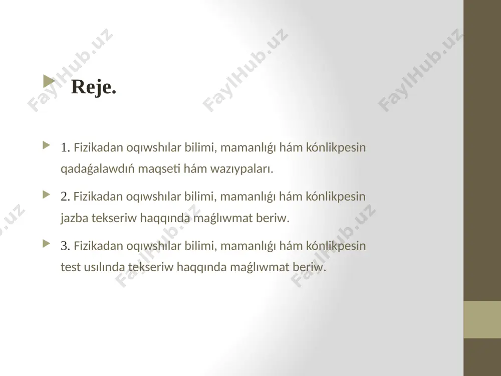sınan ibarat. pedagogikalıq qadaǵalaw – bul oqıw procesiniń sıpat jaǵınan halı haqqındaǵı maǵlıwmat alıw usılı. bilimlendiriw procesi hám onıń nátiyjesi ústinen pedagogtıń qadaǵalaw alıp barıwı bilim alıwshılardıń xızmetine de, óziniń xızmetine de baǵdarlanǵan boladı. bahalaw - tálim-tárbiya procesinde bilim beriwshi yamasa bilimlendiriwmekemesi tárepinen bilim alıwshınıń oqıw xızmetin, olarda bar ózlestirilgen bilim, kónlikpe hám mamanlıqlarınıń qálipleskenlik dárejesi sıpatın qabıl etilgen talaplar, kriteriyalar tiykarında analiz etiw hám ólshewden ibarat. pedagogikalıq ámeliyatta oqıwshılardıń bilim, kónlikpe hám qánigeliklerin qadaǵalawda awızeki, jazba hám test usıllarınan paydalanıladı. qadaǵalawda bahalawdıń qanday túrinen paydalanıwǵa qaramastan, olarǵa qoyılatuǵın ulıwma talap, oqıwshılarǵa anıq sorawlar menen múrájat etiw arqalı olardı qadaǵalawǵa tartıw kerek oqıwshılardıń óz betinshe ózlestiriwinde eń áhmiyetli nátiyjeli metod –didaktikalıq tapsırmalar bolıp, ol qadaǵalawdıń bir túri. fizikalıq máselelerdiń júdá úlken bilim hám tárbiyalıq mániske iye ekenligin esapqa alıp, olarsız keltirilgen fizikalıq túsinikler, processler hám nızamlarǵa baylanıslı bilim hám kónlikpelerdi rawajlandırıw hám qadaǵalaw múmkin emesligin oqıwshılar hár dayım biliwi kerek. …