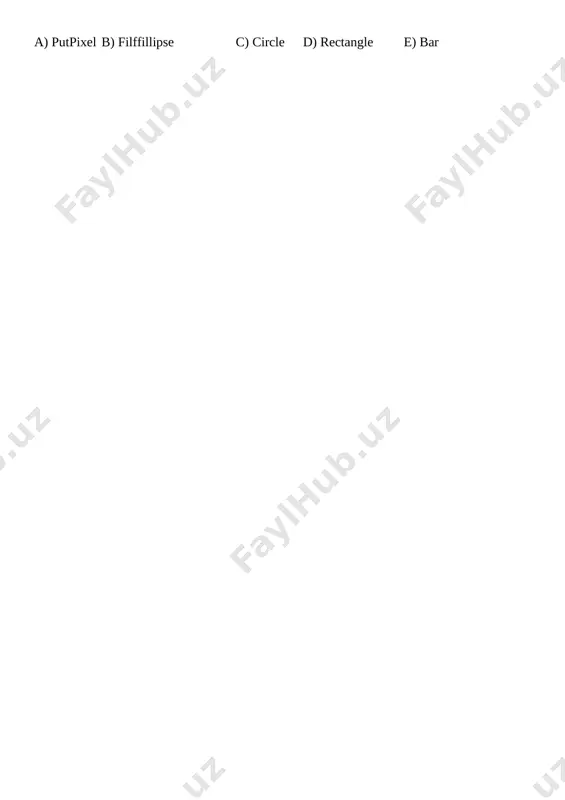 tr 12. qaysi javobda sonli miqdorni satrli miqdorga aylantiruvchi standart protsedura ko'rsatilgan? a) chr b) insert c) delete d) val e) str 16. ekranda aylana hosil qilish operatorini ko'rsating. a) putpixel b) line c) circle d) rectangle e) bar 17. ekranda to'g'ri chiziq hosil qilish operatorini ko'rsating. a) putpixel b) line c) circle d) rectangle e) bar 18.ekranda ichi bo'yalgan to'g'ri to'rtburchak hosil qilish operatorini ko'rsating. a) fillellipse b) line c) circle d) rectangle e) bar 20. ekranda ichi bo'yalgan ellips hosil qilish operatorini ko'rsating. a) putpixel b) filffillipse c) circle d) rectangle e) bar
