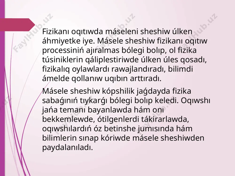 ay máseleler sapalı, esaplawdı talap etetuǵın, grafik hám eksperimental máselelerge bólinedi. sapalı máselelerdiń mazmunı sonday, olar qubılıslardıń fizikalıq mazmunın ashıp beriwge qaratılǵan boladı. esaplaw máseleleri bir neshe matematikalıq ámellerdi qollanıw arqalı sheshiledi.matematikalıq apparattiń qoolanılıwına qaray shesjiw usılları arifmetikalıq, algebralıq,geometriyalıq usıllarǵa bólinedi. másele sheshiwdegi logikalıq usıllar – analitikalıq hám sintetikalıq yamasa analitik-sintetik usıl boladı. analitikalıq usılda máseleni belgisiz shamalardıń tabılıwınan baslap sheshiledi. onı bir neshe ápiwayı máselelerge bólip jiberedi. sintetikalıq usılda máselelerde berilgenler arasındaǵı baylanıslardı anıqlap barıp, izinde tabılıwı kerek bolǵan bir belgisizge iye bolǵan teńlikke barıladı. másele sheshiwdi tómendegi basqıshlarda ámelge asırıw maqsetke muwapıq: másele shártin hám ondaǵı belgisiz sóz yamasa aálatpaniń mazmunın túsindiriw. qısqasha shártin jazıw hám onıń suwreti yamasa grafigin sızıw. másele mazmunın analiz etip, ondaǵı qubılıs hám predmetlerdi oqıwshılar anıq kóz aldına keltiriwin támiyinlep hám onı sheshiwge kerekli bolǵan túsinik,nızamlılıqların eslerine túsiriw. sheshiw jobasın dúziw kerekli bolǵan turaqlı hám tablitsadaǵı shamalardıń mánisi menen shártin toltırıw, grafik materialların …