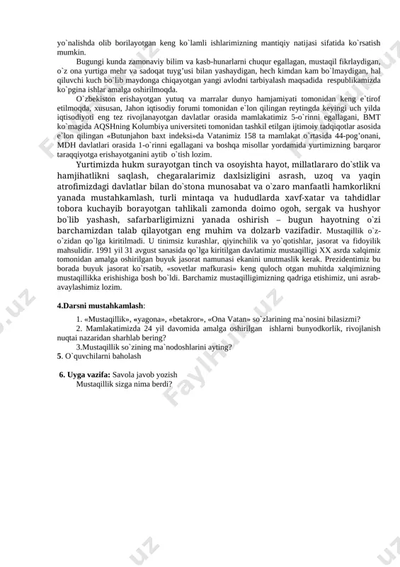 dosh mahsulotlarning 60 foizdan ortig’i yuqori texnologiyalarga asoslangan sohalarda ishlab chiqarilayotganini, kuch-qudrati va salohiyati yuksalib borayotgan mamlakatga aylanganini juda yaxshi bilamiz. tarixan qisqa davrda mamlakatimiz iqtisodiyoti 5,5 barobardan ko`proq o`sgani, aholi real daromadlari jon boshiga hisoblaganda qariyb 9 barobar oshgani, xorijiy sarmoyalarni jalb etish hisobidan biz uchun mutlaqo yangi bo`lgan sanoat korxonalarining ishga tushirilganining o`zi iqtisodiyotda mustaqil ekanligimizdan dalolat beradi. 1990 yilda mamlakatimiz aholisining oziq-ovqat tovarlari, avvalo don, kartoshka, go`sht, sut va qandolat mahsulotlariga bo`lgan ehtiyoji import hisobidan qoplangan bo`lsa, hozirgi vaqtda ularning 96 foizi o`zimizda ishlab chiqarilayotganini el-yurtimiz farovonligi tobora ortib borayotganining amaliy tasdig’idir. shuningdek shahar va qishloqlarimiz qiyofasi yildan-yilga go`zallashib, tobora obod bo`lib bormoqda, jumladan, qishloq joylarda namunaviy loyihalar asosida zamonaviy uy-joylar va infratuzilma tarmoqlarini barpo etish bo`yicha joriy etilayotgan dasturlarning barchasi xalq farovonligiga yo`naltirilgan. mustaqillikning ilk kunlaridan boshlab aholimiz, birinchi navbatda keksa avlod vakillari, xotin-qizlar va yoshlarga doimiy e`tibor va g’amxo`rlik ko`rsatish, ularning huquq va manfaatlarini ta`minlash, …