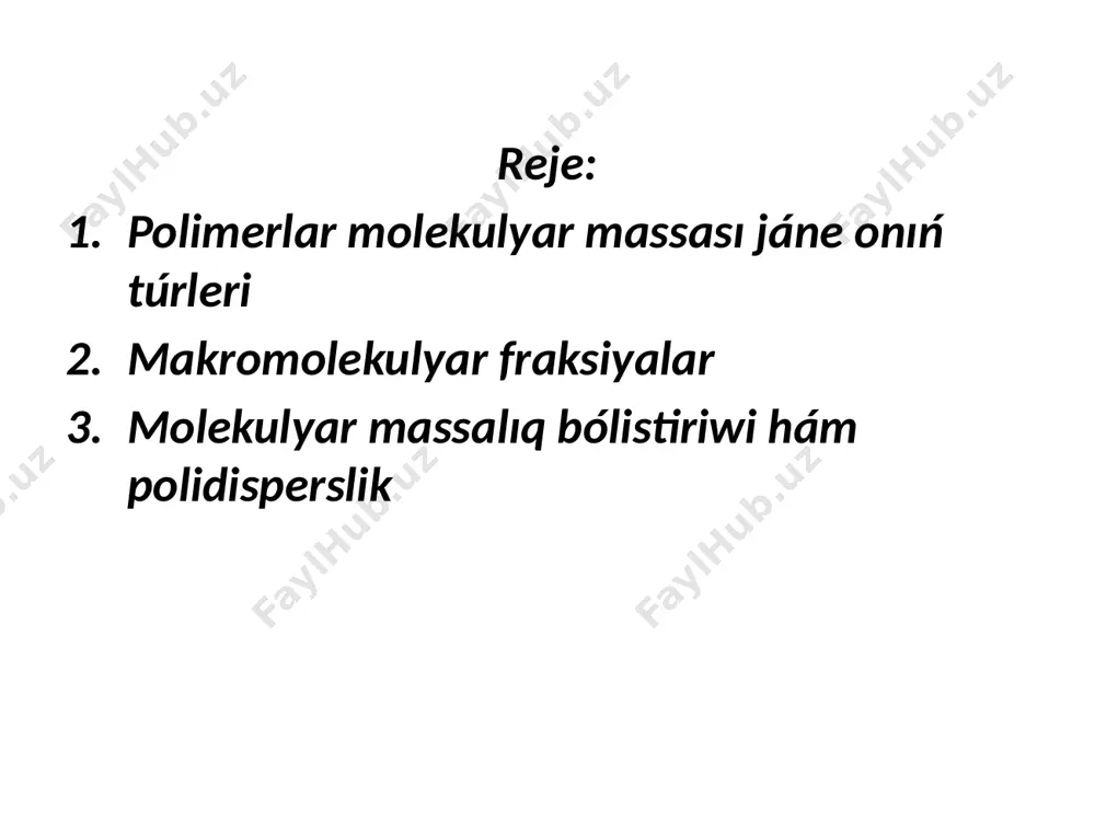 bolsa, ol jaǵdayda polistiroldıń molyar massası (mo) (mo)ps = nzv mo = 104000 g/mol, , sonıń menen birge, salıstırmalı molekulyar massası (mn) (mn)ps = nzv mo = 104000boladı. sonday eken, polimerlarni anıq molyar massaǵa (mo) iye (nzv) ta zvenolardan shólkemleskenligi, olardı bul parametrler tiykarında molyar hám salıstırmalı molekulyar massaların anıqlawǵa múmkinshilik beredi. b) mutloq (absolyut ) molekulyar massa. makromolekulalar quramın kóp sanlı atomlar quraydı hám sol sebepli mutloq massanı atomlar tiykarında analiz etiw orınlı. ekenin aytıw kerek, atomlar proton (r), neytron (n) hám elektron (e) sıyaqlı elementar bóleklerden shólkemlesken bolıp hám mutloq massaları mp = 1, 673*10 -24 g, mn = 1, 675*10 -24 g hám me = 9, 11*10 -28 g. molekulyar massalardı anıqlawda tiykar etip alınatuǵın uglerod izotopini 12 c alsaq, odaǵı 6 proton, 6 neytron hám 6 elektronlar mutloq massaları jıyındısı má ≈ 20, 088*10 -24 g jáne onıń 1/12 bólegi, yaǵnıy k ≈ 1, 674*10 -24 …