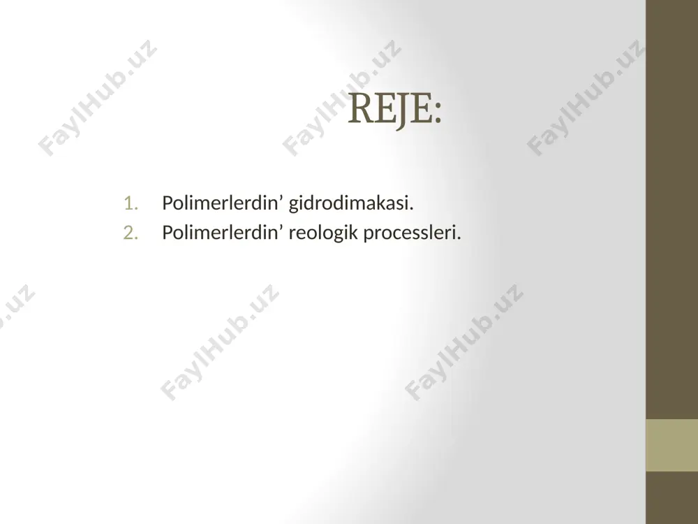 individual háreketleri, olardıń eritpede konformatsion jaǵdayına salıstırǵanda iyelegen effektiv (nátiyjeli) kólemlerine hám bul kólemlerin qaysı dárejede ózgerisler júz etiwlerine baylanıslı boladı. izolyatsiyalangan makromolekulalar aylanba hám ilgerilenbe háreketler etpegende, olardıń effektiv kólemin anıqlaw suyultirilgan eritpelerdiń jaqtılıqnı shashilish usılı járdeminde ámelge asırıw múmkin. makromolekulalarning ilgerilenbe háreketi boyınsha izertlewler nátiyjeli túrde tezlik sedimentatsiyasi usılında ámelge asıriladı. polimer molekulaların ilgerilenbe hám aylanba háreketleri kompleks tárzde kapillyarlı viskozimetriya usılında izertlew etiledi bul gidrodinamikaliq usillar ishinde kapillayrli viskozimetriya en’ apiwayi ham qolay usili esaplanadi. malumki, kapillyar boylap suyıqlıq salmaqlıq kúshi (p = mg) tasirida aǵıwında kapillyar diywalları qasında aǵıs tezligi minimal hám orayında bolsa maksimal boladı (7. 1. 1-súwret). nátiyjede malum bir qalıńlıqlarǵa (xi) iye qatlamlı aǵıs payda boladı hám hár bir qatlamdıń óz tezligi (vi) bolıp, olar taǵa tárizlı kórinisli tezlikler kesimin (profilin) qáliplestiredi. 7. 1. 1-súwret. viskozimetr jumısshı oragani (a) jáne onı kapillyarı ishindegi processlerdiń sızılmalı ańlatılıwı (b, c): bunda ti - sheklenme kólemli …