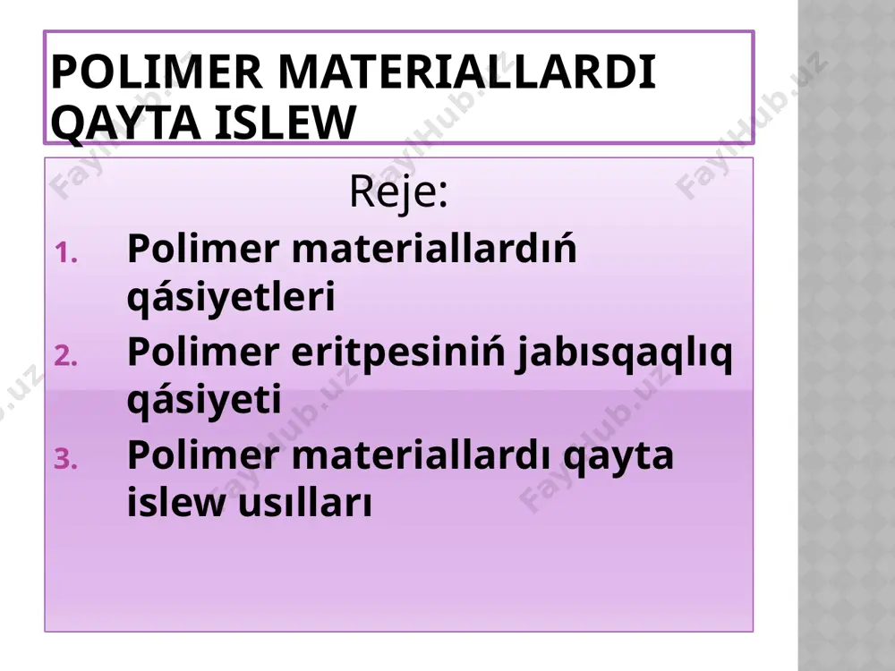 lawdan baslanadı, olardı mexanikalıq yamasa basqa usıllar menen qayta islenedi hám formirovkalanadı, bul islewler materialdıń qásiyetin jaqsılaw maqsetinde alıp barıladı, ónimge hár túrli qatlamlı júze islewler súrtilip tayar ónimniń sıpatın tekseriw isleri ótkeriledi hám ónimdi tayar halına alıp keltiredi. qayta islew protsessiniń tiykarġı parametrleri retinde – temperatura, basım, waqıt belgilenedi. polimer materiallardı qızdırġanımızda onıń jumsaqlıġı asadı, bul óz gezeginde diffuziyalıq hám relaksatsiyalıq protsesslerdiń kúsheyiwine alıp keledi. basım - materialdıń tıġızlanıwın támiynlep, zárúr konfiguratsiyadaġı ónimlerdi jaratıwġa hám formalaw waqtında payda bolatuġın ishki kúshlerge qarsılıq kórsetedi, sonday-aq ajralıp shıġıwshı jeńil ónimlerdiń ushıp ketiwin támiynleydi. polimer materiallardı qayta islew protsessiniń shártlerin tańlaw ol materialda usı protsess waqtında ótiwshi fizikalıq hám ximiyalıq protsesslerdi esapqa alıw menen iske asırıladı. termoplastlardı qayta islew jumısı materiallardıń qásiyetinen kelip shıqqan halda iske asırıladı, sebebi bul materialdı shiyshalanıw temperaturasınan joqarı bolġan temperaturaġa shekem qızdırılsa, ol elastik halġa, al aġıwshańlıq temperaturadan joqarı temperaturaġa shekem qızdırılsa, jabısqaq-aġıwshań halġa ótedi. termoplastlardı hám …