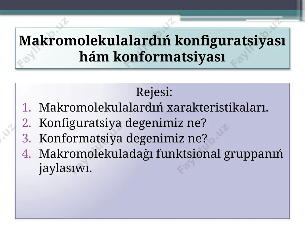 jesi boladı [2]. polimerlerdiń stereoregulyarlıġı úlken áhmiyetke iye bolıp, stereoregulyar polimerler dep keńislikte barlıq tarmaġı belgili bir tártipte jaylasqan polimerlerge aytamız. keńislikte aġzalardıń birdey jaylaspaġanınan konfiguratsiyalıq izomeriya kelip shıġadı. polimerlerdiń molekulyar massası bul bólek makromolekulalardıń molekulyar massalarınıń ortasha mánisi bolıp, polimerlerdiń eń tiykarġı xarakteristikalarınan bolıp tabıladı. mısalı: birdey tábiyatqa iye, biraq hár qıylı ortasha molekulyar massalı polimerler óz-ara fizikalıq hám mexanikalıq qásiyetleri menen ajıralıp turadı. sonday-aq polimerlerdiń tarmaqlanıw dárejeside eń áhemiyetli kórsetkishlerdiń biri bolıp tabıladı. eger polietilen (pe) hár bir 1000 uglerod atom aralıġında 20-40 tarmaqqa iye bolsa, onda pe kristallanıw dárejesi páseyedi, regulyarlıġı kemeyip qattılıġı azayadı. bunday polietilen kishi tıġızlıqtaġı pe dep aytıladı. eger uglerod atomınıń hár bir 1000 danasına 5-15 tarmaq tuwra kelse, onda pe kristall dárejesi artadı, onıń qattılıġı kúsheyedi, yaġnıy pe joqarı tıġızlıqtaġı dep ataladı. makromolekula dúzilisi atap aytqanda, onın konfiguratsiyası yamasa konformatsiyası menen xarakterlenedi. konfiguratsiya - bul makromolekuladaġı atomlardıń keńisliktegi qatań tártipli jaylasıwın táriplewshi kórinis. …