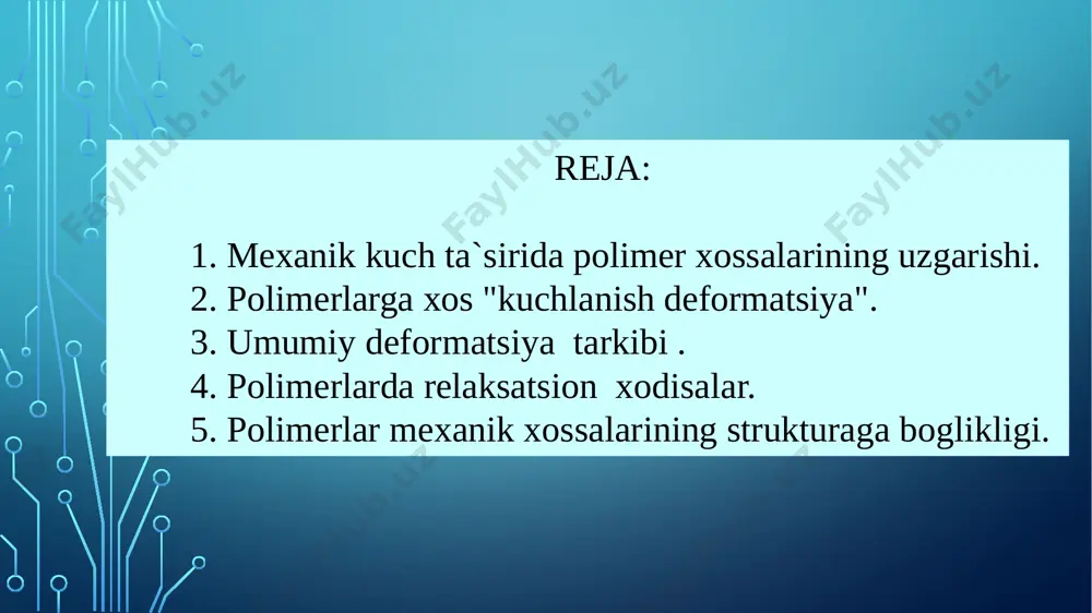 tikligi berilgan shart sharoitga karab sistemaning muvozanat xolatga utish uchun kerakli vakt 10-2 sekunddan to 103 yilgacha bulishi mumkin.yukori elastik deformaciya tufayli formaning asta sekin uz xoliga kaytishi polimerlardan olingan buyumlarni ekspluataciya kilishda amaliy jixatdan katta axamiyatga ega bulib,shaklning "zexni" deb ataladi. makromolekulalar va boshka elementlarning berilgan kuch ta`sirida kaytmaydigan siljishidan vujudga keladigan deformaciyaga plastik deformaciya deyiladi. yuqorimolekulyar birikmalarda relaksacion xodisalar jismlarning deformaciyalanishi natijasida muvozanatda turgan sistemaning ma`lum darajada muvozanati buziladi. ammo issiklik xarakati borligi tufayli muvozanatda bulmagan sistema yana kaytadan muvozanat xolatga utishga intiladi. agar dastlabki muvozanat keyingi muvozanat xolatiga bir zumda utsa, bunda sistemaning muvozanat xolati deyarli buzilmaydi. bunda muvozanat tashki kuch uzgarishidan orkada kolmaydi. aslida real xollarda dastlabki xolatdan keyingi xolatga utish uchun ma`lum vakt talab kilinadi. agar utar xolat vakti, tashki kuch ta`sirida turgan xolat vaktidan katta bulsa,sistemaning dastlabki va oxirgi muvozanatlaridan tashkari yana bir kator muvozanatsiz oralik xolatlari xam buladi. bunda sistema turli vaktlarda turli …