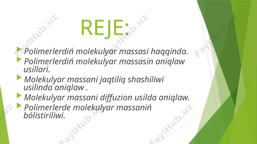 liwge iye boladi. ámelde polimerlerdi málim konsentraciyali eritpesindegi makromolekulalar sanin aniqlaw menen ortasha arifmetik molekulyar massa aniqlanadi: bul jerde: m1, m2, … mm(mj)-túrli uzinliqtaģi makromolekulalardiń molekulyar massalari; n1, n2,… nn(nj)- málim bir molekulyar massaģa iye bolģan makromolekulalar sani, tipindegi molekulalardiń salistirmali muģdari esaplanadi. osmotik basimdi ólshew hám ximiyaliq usillar járdeminde tabilģan molekulyar massa ortasha ari molekulyar massa esaplanadi, sebebi esaplanģan shamalar málim eritpe konsentraciyasindaģi makromolekulalar sanina baylanisli. túrli molekulyar massaģa iye bolģan makromolekulalardiń uliwma massasin, sol makromolekulalardiń massasi jiyindisina salistirģanda ortasha massaliq molekulyar massa esaplanadi: bul jerde:g1, g2, ... gm(gj) – málim bir massaģa iye bolģan hámme makromolekulalar massasiniń jiyindisi; gj=mj nj formuladaģi nj ni makromolekulalardiń salistirmali muģdari nj menen almastirsaq: boladi. jaqtiliqtiń shashiliwi hám sedimentacion teń salmaqliliq járdeminde aniqlanģan molekulyar massa polimerdiń ortasha massaliq molekulyar massasi tuwrisinda maģliwmat beredi,sebebi bul shamalar tek polimer eritpesiniń konsentraciniń baylanisli bolmay, sol qatarda polimer molekulalariniń massasina, disperslik dárejesine de baylanisli. ortasha molekulyar massa …