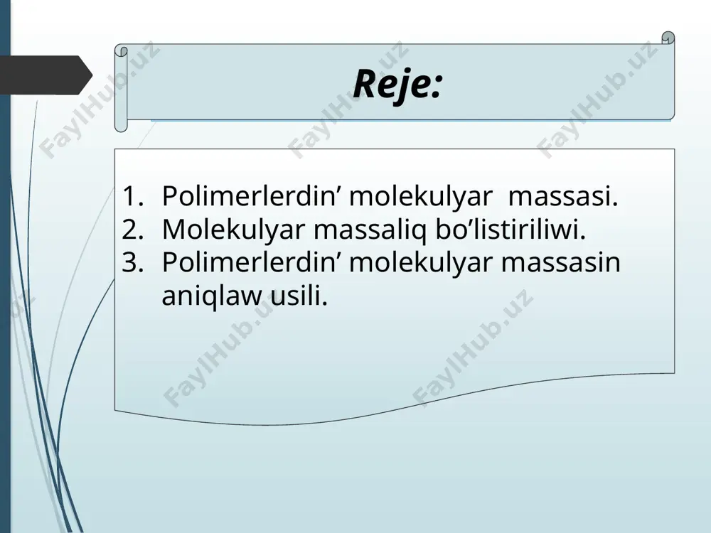 rslik) sebepli bir qansha quramalidur. polidisperslik polimerleniw yaki polikondensatlaniw reaksiyalari mexanizmine, onin’ toqtatiliwina, polimerdin’ qayta isleniw usilina, onin’ destruksiyasina ha’m eskiriwine baylanisli. polimerlerde molekulyar massanin’ bo’listiriliwi usi polimerlerdin’ payda boliwi kinetik niazmliliqlarina tiykarlang’an halda teoriyaliq tarepten esaplaniwi yaki ta’jiriybe joli menen aniqlaniwi mumkin. tajriybe joli menen polidisperslik aniqlang’anda polimerler frakciyalarg’a ajratiladi.frakciyalarg’a ajratiw eki turli boladi: preparativ frakciylaw- bunda frakciyalar ajiratip alinip, olardin’ ma’nisleri arnawli usillar menen tekseriledi. analitik frakciyalaw – bunda frakciyalar ayriqsha ajiratip alinbay tajriybeler arqali bo’listiriliw diagrammasi ( iymek sizig’i) siziladi. frakciyalap sho’ktiriw, frakciyalap eritiw,frakciyalap bo’listiw ha’m basqalar prepartiv frakciyalaw delinedi. polimerlerdi polidispersligi, a’dette, grafik penen an’latiladi, bul usil frakciyalaw natiylaerin jaqsi suwretleydi. frakciyalaw natiyjesinde tajiriybeden aling’an mag’liwmatlar tiykarinda molekulyar massanin’ bo’listiriliw grafigin siziw ushin ordinatalar og’ina har frakciya massasinin’ polimer massasina qatnasi, absiscalar og’ina bolsa usi frakciyanin’ molekulyar massasi m qoyiladi. payda qiling’an iymek siziq bolsa molekulyar massa bo’listiriliwinin’ integral diagrammasi delinedi. molekulyar massani eritpenin’ osmotik basimi …