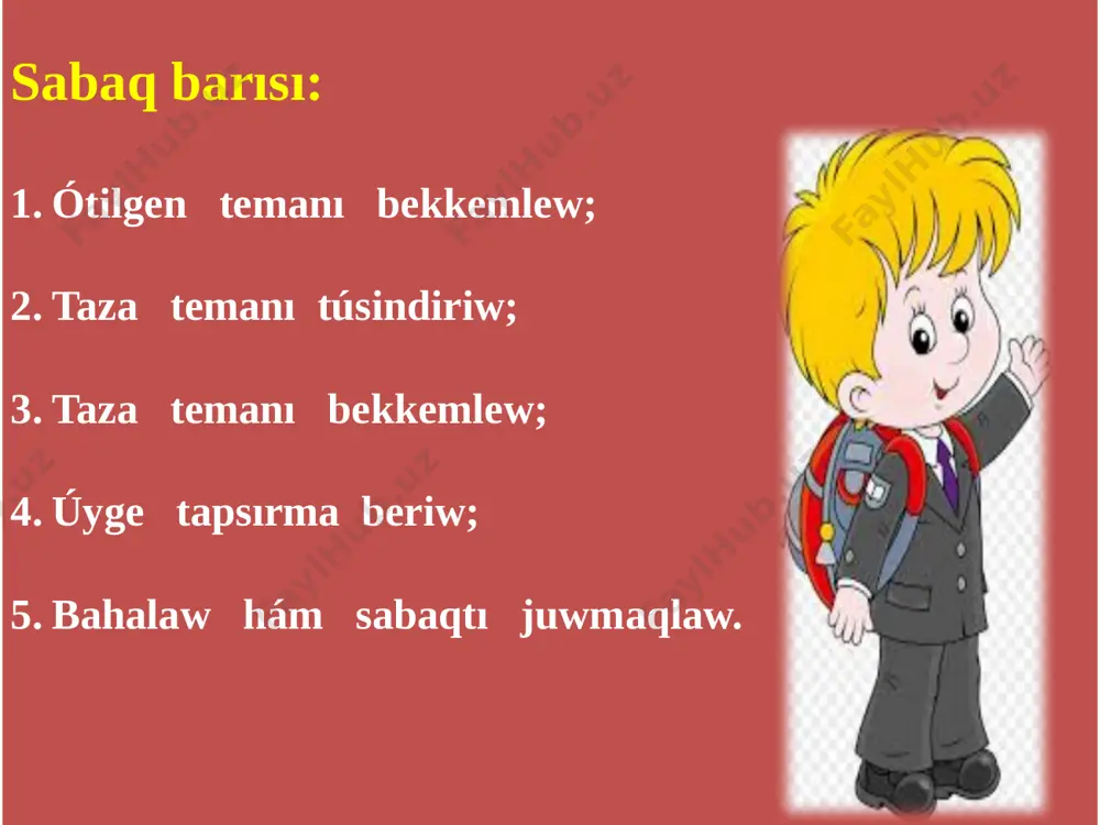 nikalıq energiyaǵa aylanıwı múmkin. bunda túri boyınsha bir-birinen ayırmaǵa iye bolsa da, muǵdarı jaǵınan saqlanadı, yaǵnıy energiya bardan joq bolmaydı joqtan bar bolmaydı. sol sebepli tábiyattaǵı hár qıylı qubılıslar hám procesler energiya arqalı baylanısqan. taza temani bekkemlew ushin sorawlar: mexanikalıq energiya dep nege aytıladı? ol qanday birliklerde ólshenedi? berilgen massaǵa iye deneniń tezligi bir mánisten basqa mániske ózgergende orınlanǵan jumıs nege teń? dene h biyiklikten jerge túskende qanday jumıs orınlanadı? deneniń h biyikliktegi potenciallıq energiyası qalay ańlatıladı? potenciallıq energiya dep nege aytıladı? image1.wmf image2.wmf image3.wmf image4.jpeg image5.wmf image6.png image7.jpeg image8.gif image9.png image10.png image11.png image12.gif image13.png image14.png image15.png image16.wmf image25.png image26.png image17.png image18.png image19.png image20.png image21.png image22.png image23.png image24.png image27.png image28.png image29.png image30.png image31.png image32.png image33.png image34.png image35.png image36.gif image37.png image38.png