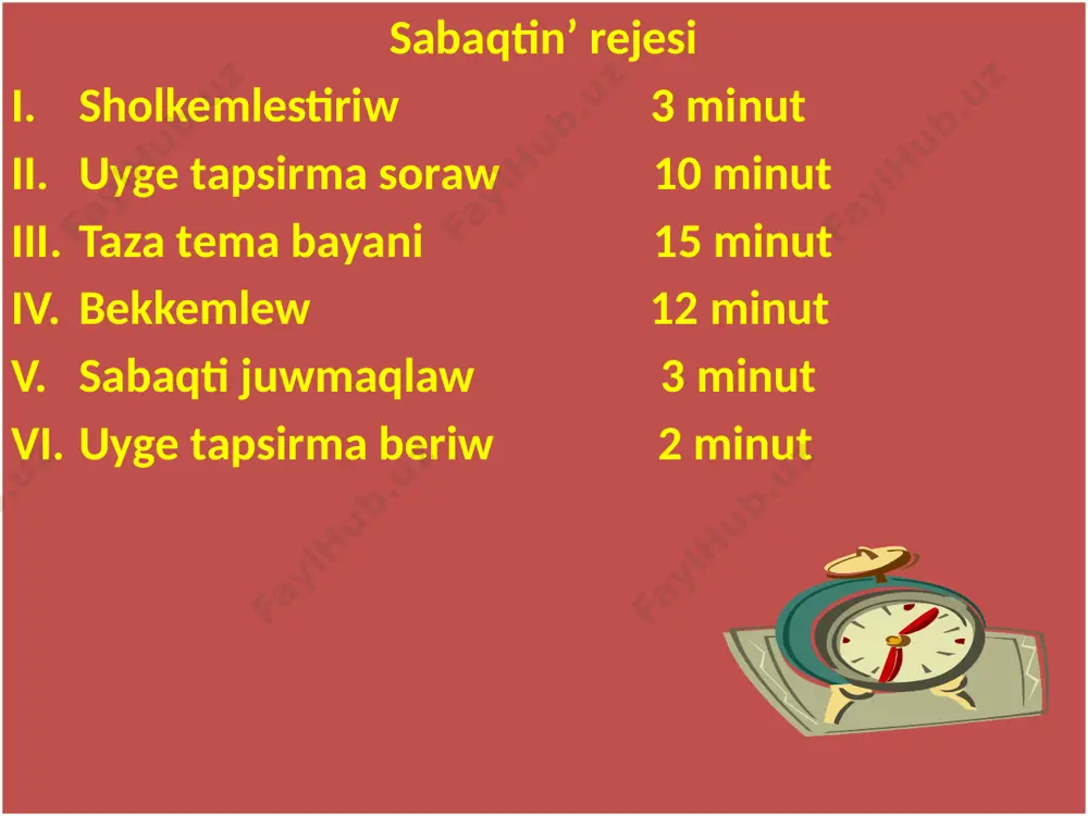 qlarda da boladı. ídıstıń túbinen berilgen ıssılıq suyıqlıqtaǵı konvekciyalıq aǵım aqıbetinde joqarıǵa kóteriledi.suyıqlıqlarda konvekciyanı júzege shıǵarıp kórsetetuǵın tájriybeni oylap tabıń.qattı denelerde bóleksheler bir orınnan ekinshi orınǵa kóshpeydi. olar tek turǵan ornında terbelip turadı. qattı denelerdeatomlar birbirine jaqın jaylasqanlıqtan jıllılıqtı usı terbelisler arqalı bir-birine jetkerip beredi. bunday usılda jıllılıqtıń jetkerip beriliwine jıllılıq ótkizgishlik delinedi. hár túrli zatlardıń jıllılıq ótkizgishligi hár qıylı. bunı tómendegi tájiriybede kóriw múmkin (75-súwret). bekkemlew ushin sorawlar qalıń diywallı stakan júqa diywallı stakanǵa qaraǵanda ıssı suw quyılǵanda tezirek sınadı? ne ushın? suyıqlıq hám gazlardıń ıssılıqtan keńeyiwinen qay jerlerde paydalanıw múmkin? benzin litrlerde ólshep satıladı. onı kúnniń qaysı waqtında satıp alıw paydalı? issliq dereklerine misallar keltirin’? issiliq tasirinde ken’eyiwshi denelerge misallar keltirin’? u'yge tapsirma temani oqiw, sorawlarg'a juwap jaziw ha'm ma'selelerdi sheship keliw. itibarin'iz ushin raxmet!!! image1.wmf image2.png audio1.wav image3.png image4.gif image5.gif image6.gif image7.gif image8.gif image9.png image10.gif image11.png image12.gif image13.gif image14.gif image15.png image16.gif