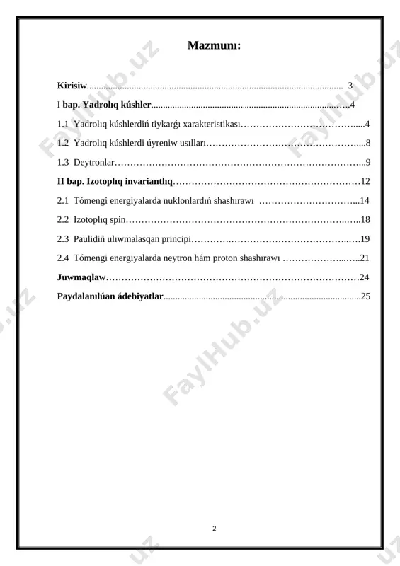 ám gammanurları) dep ataldı. beta nurları katod nurlarındaǵı elektronlarǵa qaraǵanda ádewirtezirek qozǵalatuǵın elektronlar bolıpshıqtı, eksperimentler alfa nurlarınıń ońzaryadlanǵan, massası geliy yadrolarınıńmassasınateń bólekshelerdiń aǵısıekenliginkórsetti. gamma nurlarınıń rentgen nurlarına sáykes, biraq olarǵa salıstırǵanda ádewir qattıekenligi dálillendi. usılarǵa baylanıslıα hám β nurları magnitmaydanı arqalıótkende baǵıtların bir- birine qarama-qarsı táreplerge qarayózgertedi, al gamma nurlarına bolsa magnit maydanı tásir etpeydi. eń kishi sińiwshilik hám eń kúshli ionlastırıwqásiyetine alfa nurlarıiye. olar qalıńlıǵı bir neshe mikrometr bolǵan alyuminiy folgasında jutıladı. al betanurların jutıwushın alyuminiy folganıń qalıńlıǵı ortasha 1 mm bolıwı kerek. beta nurlarınıńionlastırıwshılıq qábiletligi alfa nurlarınıńionlastırıwshılıq qábiletligine qaraǵanda ádewir kishi. eńúlken sińiwshilik hám eńkishi ionlastırıwshıqásiyetke gamma nurlarıiye boladı. i bap. yadrolıq kúshler nuklonlar arasındaǵı óz-ara gravitacion tartısıw kúshleri júdá kishi. eki proton arasında óz-ara tartısıw kúshi, olar arasındaǵı kulon tásir ishinde de ret kishi. bul kúsh kulon kúshi de bolıwı múmkin emes. sebebi yadrodaǵı protonlar arasında tartısıw emes, bálkim iyteriw kúshleri ámelde bolıwı kerek. proton hám elektrneytral …