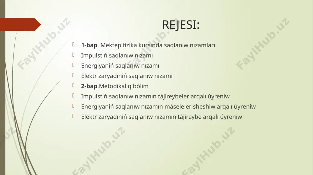 tezleniwdiń eki formulasın óz ara teńlestiriw múmkin: (5) formulalarına iye bolamız. waqıt birligi ishindegi deneniń impulsiniń ózgeriwi usı denege tásir etip atırǵan kúshke teń. bunnan tómendegi juwmaq kelip shıǵadı: turaqlı kúshtiń tásirinde deneniń impulsi vektoriniń ózgerisi usı kúsh penen onıń tásir etiw waqtınıń kóbeymesine teń. impulstiń saqlanıw nızamı anıqlaması jabıq sistemada eki deneniń óz ara tásirlesiwiniń nátiyjesinde olardiń impulsleriniń saqlanıwın kórdik. eger jabıq sistemada deneler kóp bolsa da, óz ara tásirlesiwshi denelerdiń impulsleriniń qosındısı ózgermeydi, yaǵnıy saqlanadı: ulıwma jaǵdayda impulstiń saqlanıw nızamı tómendegishe ańlatıladı: jabıq sistemada denelerdiń impulsleriniń vektorliq qosındısı denelerdiń óz ara tásirlesiwi hám waqıttıń ótiwine qaramastan ózgermeydi. energiyanin` saqlaniw nizami deneniń óziniń iyelep turǵan jaǵdayın ózgertiwi nátiyjesinde isley alıwı múmkin bolǵan jumısı energiya dep ataladı. “energiya” sózi grekshede “teperishlik” degen mánini ańlatadı. energiyaniń ózgerisi usı ózgerislerdi júzege keltiriw ushın sariplanǵan jumıs penen ólshenedi. energiyanı jumıs sıyaqlı birliklerde ólshew múmkin. onıń tiykarǵı birligi – djoul (dj). mexanikaliq energiya kinetikaliq …