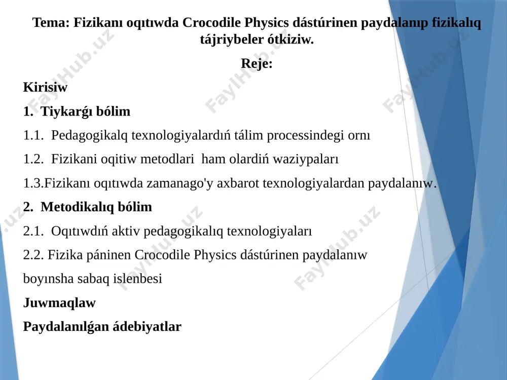 edi, dıqqatı tarqaq boladı. oyın arqalı olardı sabaqǵa, temaǵa tarta alıwımız múmkin. tálimdi texnologiyalastırıw - bul pedagogika pániniń baǵdarı esaplanıp, izertlewshi hám nizamlıqlardı ashıp beretuǵın, tálim processine texnologiyalıq jantasıw tiykarında tálim maqsetlerine nátiyjeli erisiwdiń optimal jolları hám quralları bolıp tabıladı. tálim texnologiyası - pedagogikalıq texnologiyanıń ilimiy aspektini belgilew ushın isletiledi. bul (pán predmeti), «texnik hám insan resurslarini hám de olardıń óz aldına tálim formaların optimallastırıw wazıypasın qoyıwshı sherikligin esapqa alǵan halda sabaq beriw hám bilimlerdi ózlestiriwdiń barlıq processlerin jaratıw, qóllaw hám belgilewdiń sistemalı usılı » esaplanadı (yunesko). oqıtıw texnologiyası - bul tálim, kommunikatsiya, informaciya hám basqarıwdıń jámlengen hám tártipke salınǵan optimal jolları hám quralları bolıp tabıladı, bul tálim processin ózgeriwshen sharayatlarda, ajıratılǵan waqıt dawamında nátiyjeli nátiyjelerge kepillikli erisiwdi hám anıq tálim processlerin ámelge asırıwdı instrumental támiynlewshisi esaplanadı (pt processli -bayanlı aspekti);bul ámeldegi process bolıp tabıladı, tálim processi subektlerdiń sherikliktegi júzege kelgen tártipli háreketi bolıp tabıladı (pt processli háreket aspekti). pedagogikalıq …
