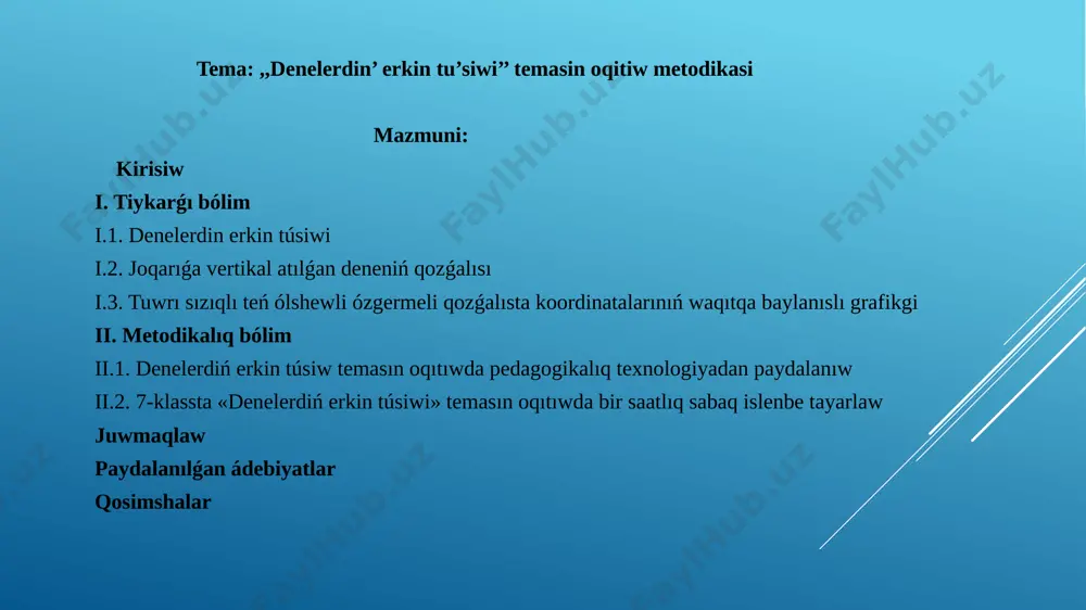uǵın qaniyge sıpatında rawajlandırıwǵa xizmet etedi.fizika oqıtıw metodikası – pedagogic panlerden biri bolıp,onıń payda bolıwı ham rawajlanıwı fizika paniniń rawajlanıwı ham onıń jamiyet rawajlanıwındaǵı rolı menen baylanıslı. jamiyet materialliq ham manawiy jaqtan rawajlanıp barıwı menen jańa awlattı oqıtıw processi keńeyip ham quramalasıp baradı.fizikadan tajireybe jumıslardı islewde maseleli jaǵdaylardı juzege keltiriwde oqıtıwshı oqıwshını doretiwshilik iskerlikke baǵdarlaydı. bunda bolsa olardiń uyrenilip atirǵan teoriya bilimlerin turmısliq faktlerge durıs kelmeytuǵına sebep boladı. juwmaq etip sonı aytsaq boladı, fizika panin oqıtıwǵa modullik jaqtan kirisiw talim effektivligin asıradı. i.1 denelerdiń erkin túsiwi tezliktiń modulı ózgermeytuǵın bolǵanda da iymek sızıqlı háreket hámme waqıt tezlanuvchan háreket boladı. biz tezliktiń modulı ózgermeytuǵın bolatuǵın iymek sızıqlı háreketti kórip shıǵıw menen shegaralanmaymiz. bundayhatrakat iymek sızıqlı tegis háreket dep ataladı. iymek sızıqlı tegis háreketde tezleniwi tezlik vektorınıń baǵdarı ózgeriwigagina baylanıslı. birdey biyiklikten taslanǵan tas hám párdiń jerge hár qıylı waqıtlarda túsiwin baqlaǵan áyyemgi grek filosofı aristotel jerdiń tartıw kúshiniń tásirinde awır deneler …