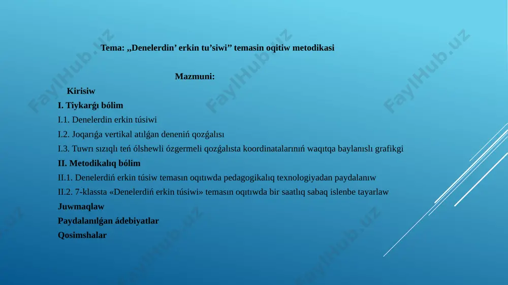 onıń jamiyet rawajlanıwındaǵı rolı menen baylanıslı. jamiyet materialliq ham manawiy jaqtan rawajlanıp barıwı menen jańa awlattı oqıtıw processi keńeyip ham quramalasıp baradı.fizikadan tajireybe jumıslardı islewde maseleli jaǵdaylardı juzege keltiriwde oqıtıwshı oqıwshını doretiwshilik iskerlikke baǵdarlaydı. bunda bolsa olardiń uyrenilip atirǵan teoriya bilimlerin turmısliq faktlerge durıs kelmeytuǵına sebep boladı. juwmaq etip sonı aytsaq boladı, fizika panin oqıtıwǵa modullik jaqtan kirisiw talim effektivligin asıradı. i.1 denelerdiń erkin túsiwi tezliktiń modulı ózgermeytuǵın bolǵanda da iymek sızıqlı háreket hámme waqıt tezlanuvchan háreket boladı. biz tezliktiń modulı ózgermeytuǵın bolatuǵın iymek sızıqlı háreketti kórip shıǵıw menen shegaralanmaymiz. bundayhatrakat iymek sızıqlı tegis háreket dep ataladı. iymek sızıqlı tegis háreketde tezleniwi tezlik vektorınıń baǵdarı ózgeriwigagina baylanıslı. birdey biyiklikten taslanǵan tas hám párdiń jerge hár qıylı waqıtlarda túsiwin baqlaǵan áyyemgi grek filosofı aristotel jerdiń tartıw kúshiniń tásirinde awır deneler jeńil denelerden salıstırǵanda aldın túsedi, degen juwmaqqa kelgen. bul durıs emes tálimattı derlik eki mıń jıl dawamında durıs dep esaplandı. italiyalı …