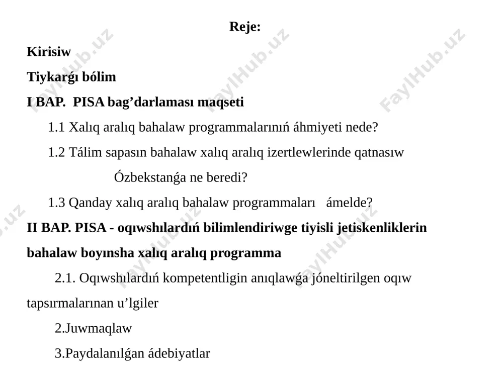 eketdegi tálim sapası jáne onıń xalıq aralıq standartlardı esapqa alǵan halda iyelegen ornı tuwrısında juwmaqlar shıǵarıw imkaniyatın beredi. xalıq aralıq izertlewler bilimlendiriw tarawı daǵı milliy izertlewlerdi sapalı ótkeriwge unamlı tásir kórsetedi. xalıq aralıq standartlar dárejesinde joqarı ekonomikalıq nátiyjege tiykarlanǵan milliy bahalaw sistemasın jaratıw imkaniyatın beredi. ózbekstanda túrli shólkemlerdiń jetekshi qánigelerin tartqan halda xalıq aralıq izertlewlerde qatnasıw arqalı jergilikli qánigelerimizde monıtorıń izertlewlerin ótkeriw mádeniyatı rawajlanadı, tálim sapasın bahalawdıń xalıq aralıq standartlarǵa kelisiwine alıp keledi. milliy tálim sapasın bahalawdaǵı qadaǵalaw materialların xalıq aralıq izertlewlerde qollanılatuǵın qadaǵalaw materialları sapası dárejesinde islep shıǵıw imkaniyatın beredi. qanday xalıq aralıq bahalaw programmaları ámeldegi? sıyaqlı bir qatar xalıq aralıq programmalar ámeldegi bolıp, olar rawajlanǵan mámleketlerdegi tálim sapasın jáne de asırıwdaǵı kriterya retinde keń qollanılıp atır. pisa – oqıwshılardı bilimlendiriwge tiyisli jetiskenliklerin bahalaw xalıq aralıq programması pirls – tekstti oqıw hám túsiniw dárejesin anıqlawshı xalıq aralıq izertlew timss – mektepte matematika hám anıq pánler sapasın izertlew etiwshi xalıq …