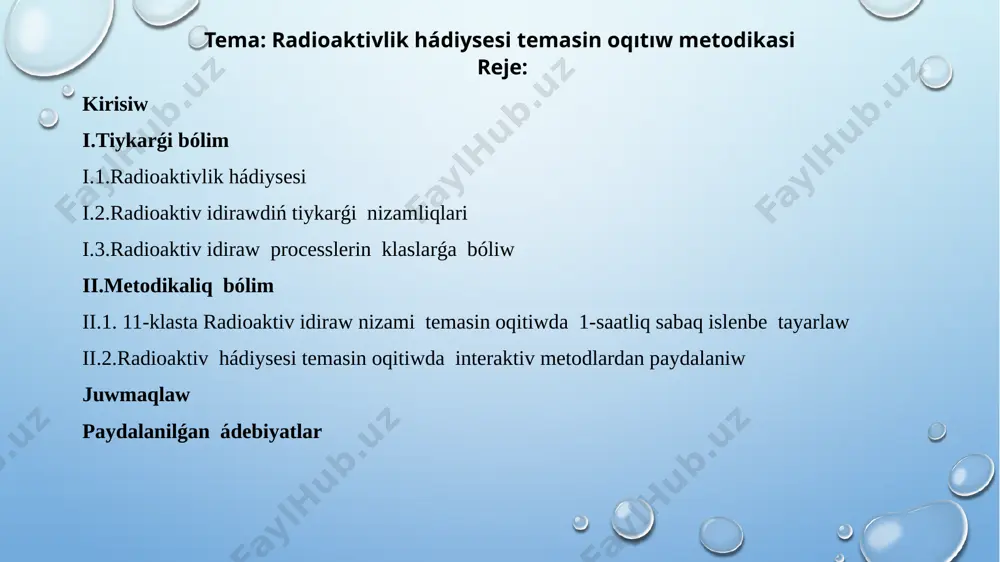 in jedellestiriwdiń tiykarǵı faktorı bolıp tabıladı. pánge qábiletli jaslardıń kirip keliwin támiyinlew ushın kompleks ilajlar gruppasın ámelge asırıw zárúr. sol sebepli “tálim tuwrısındaǵı nızam” hám “kadrlar tayarlawdıń milliy daturi” qabıl etilgen. tálim sisteması aldındaǵı mámleket buyırtpası ózbekstan respublikası “kadrlar tayarlaw milliy dasuri” dıń tiykarǵı ideyalarında óz sawleleniwin tapqan. úzliksiz tálim sistemasınıń hár bir túri sıyaqlı orta -arnawlı kásip-óner tálimi da jańa pedagogikalıq oylaw iyesi, múnásip shaxs, óz jumısınıń ustası bolǵan oqıtıwshıgazarurat boljap atır, hár bir oqıtıwshı qániyge retinde óz pániniń ilimiy hám teoriyalıq tárepten tereń ózlestirgen, pedagogikalıq -psixologiyalıq hám de metodikalıq bilim, kónlikpe hám ilmiy tájriybelerdi iyelegen, tálim-tárbiya procesiniń natiyjeliligin asırıwǵa múmkinshilik beretuǵın zamanagóy pedagogikalıq hám informaciya texnologiyaların tálim procesine qollay alıw ilmiy tájriybelerine ıyelewi kerek. i.radioaktivlik hádeysesi. radioaktiv jemiriliw yadrodıń óz-ózinen bir yamasa bir neshe bóleksheler shıǵarıw hádiysesi radioaktivlik dep ataladı. sonday yadrolardı radioaktiv yadro dep júritiledi. radioaktiv yadrolardıń ózinden qandayda -bir túrdegi bóleklerdi shıǵarıp, basqa jańa yadroǵa aylanıw …