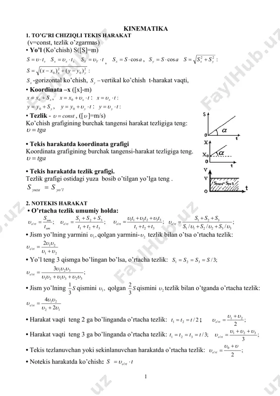 va uzunlikdagi 2 jismning bir-birining yonidan o’tish vaqti: 1l 2l ; 21 21 υυ + + = llt • bir xil yo’nalishda harakatlanayotgan va l uzunlikdagi 2 jismning bir-birining yonidan o’tish vaqti: 1l 2 ; 21 21 υυ − + = llt • l uzunlikdagi mashinalar qatori(poyezd)ning uzunlikdagi ko’prik(tunnel)dan o’tish vaqti: 1 2l ;21 υ llt + =⇒ • kater daryoda s-masofaga oqim yo’nalishida t vaqtda borib, t -vaqtda qaytib kelgan bo’lsa, 1 2 s tt tttezligioqimning oq ⋅ ⋅⋅ − =⇒ 21 12 2 υ s tt tttezligikaterning k ⋅ ⋅⋅ + =⇒ 21 12 2 υ s tt tt munosabatitezliklarioqimvakater oq ⋅ ⋅⋅ − = ⇒ 21 12 2 υ oqrtokrto tt tt tt tt tezligirtachaokelishdagiboribkaterni υυυυ ⋅ − ⋅⋅ =⋅ + ⋅⋅ = ⇒ 2 1 2 2 21 '2 21 12 ' 4; )( 4 ' • natijaviy tezlikni topish. jism bir vaqtning o’zida ikkita tezlikda …