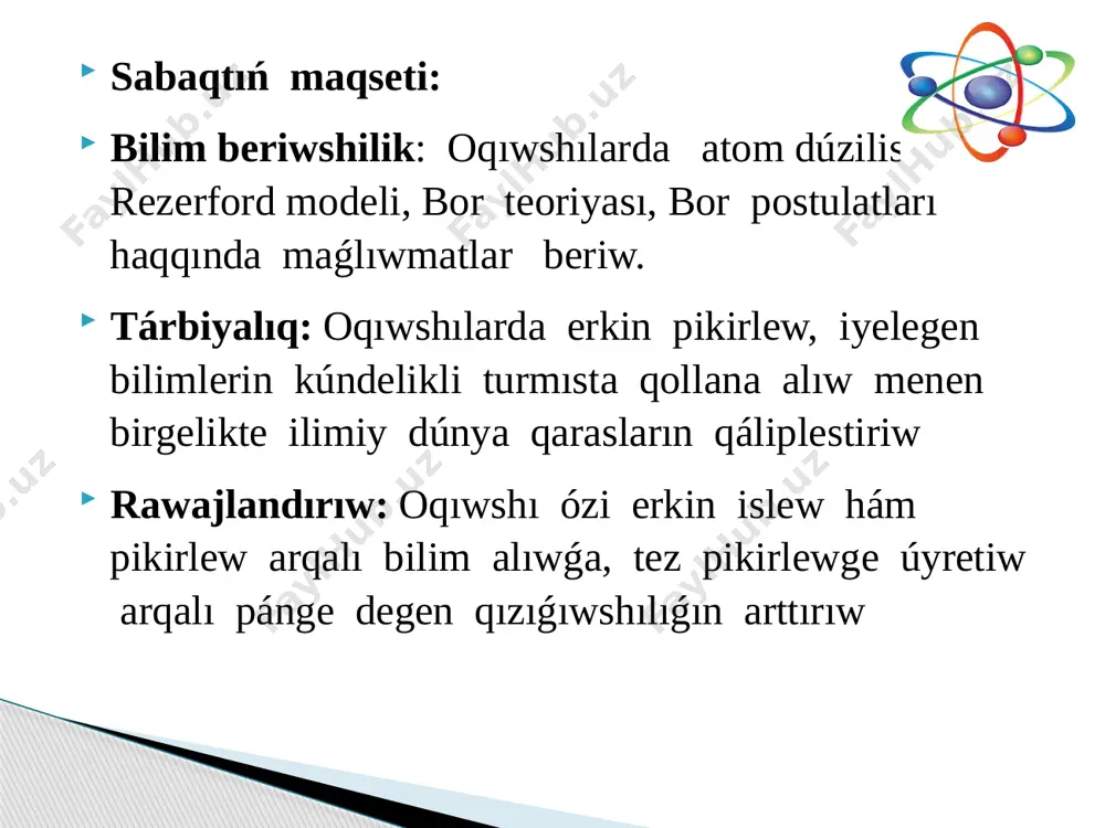 line muwapıq, atom – massası tegis bólistirilgen m shamadaǵı oń zaryadlardan ibarat shar sıpatında kóz aldıǵa keltiriledi. basqa inglis fizigi d. rezerford 1911-jılı óz tájiriybelerine tiykarınan tomson modelin inkar etip, atomnıń yadrolıq (planetar) modelin usındı. bul model boyınsha atom kishkene quyash sistemasınday kóz aldıǵa keltiriledi. elektronlar yadro átirapında (jabıq) orbitalar – atomnıń elektron qabıǵı boylap qozǵaladı hám olardıń zaryadı yadrodaǵı oń zaryadqa teń. shveysariyalı fizik i.balmer 1885-jılı tájiriybe nátiyjelerine súyenip vodorod spektri sızıqları jiyilikleri ushın tómendegi formulanı taptı. ) bu jerde: r = 3,29 · hz – ridberg turaqlısı, m hámn turaqlı sanlar, olar sáykes halda m = 1, 2, 3, 4, ... mánislerdi, al n pútin (m + 1 den baslap) mánislerdi qabıl etedi. bul formulaǵa muwapıq vodorod spektri úzik sızıqlardan ibarat esaplanadı. bordıń birinshi postulatı stacionar (turaqlı) halatlar haqqındaǵı postulat: atomda stacionar halatlar bar bolıp, bul halatlarǵa elektronlardıń stacionar orbitaları sáykes keledi.elektronlar tek usı stacionar orbitalarda bolıp, hátteki …
