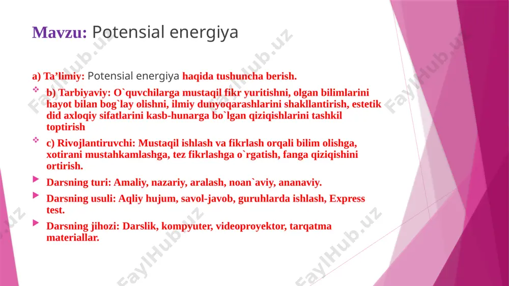 b) 200 j c) 20 j d) 2 j yangi mavzu jismning o‘z vaziyatini o‘zgartirishi natijasida bajara olishi mumkin bo‘lgan ishi energiya deb ataladi. «energiya» so‘zi yunonchada «faollik» degan ma’noni bildiradi. energiyaning o‘zgarishi shu o‘zgarishlarni sodir qilish uchun sarflanadigan ish bilan o‘lchanadi. energiya (e) harfi bilan belgilanadi birligi joul (j) energiyalar ikki turga bo’linadi. 1 kinetik energiya 2 potensial energiyasi faraz qilaylik, m massali jism h balandlikdan erkin tushmoqda rasm. bunda jism faqat yerning tortish kuchi, ya’ni fog‘ = mg og‘irlik kuchi ta’sirida harakat qiladi. jism h balandlikdan yerga tushguncha og‘irlik kuchi bajaradigan ish quyidagicha ifodalanadi: a=m∙g∙h o‘zaro ta’sir qiluvchi jismlarning yoki jism qismlarining bir-biriga nisbatan vaziyatiga bog‘liq bo‘lgan energiya potensial energiya deb ataladi. misol uchun: yerda yotgan biron jismni pastdan yuqoriga ko’tarib olib qo’yish yoki yuqoridagi jismni pastga olib qo’yish paytda potensial energiya vujudag keladi. potensial energiya topish formulasi: =m∙g∙h bu yerda: m=massa birligi kilogram (kg) h=balandlik birligi metr …