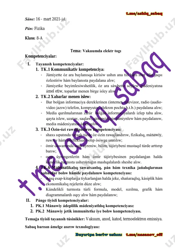 áliplestiriw. b) tárbiyalıq: oqıwshılarǵa erkin pikir júritiwdi, alǵan bilimlerin ómir menen baylanıstıra alıwdı, ilimiy dúnya qarasların qáliplestiriw, kásip-ónerge bolǵan qızıǵıwların qáliplestiriw. c) rawajlandırıwshı: óz betinshe islew hám pikirlew arqalı bilim alıwǵa, tez pikirlewge úyretiw, pánge qızıǵıwın arttırıw. ii. sabaqtıń túri: ámeliy, teoriyalıq, aralas, dástúriy, dástúriy emes. iii. sabaqtıń metodı: “bilimdanlar” oyını, “test” metodı, “aqlıy hújim” metodı, soraw-juwap, máseleler sheshiw, toparlarda islew. iv. sabaqtıń quralları: sabaqlıq kitap, kórgizbeli plakat. v. didaktik qurallar: tarqatpa materiallar, slaydlar, bukletler. vi. texnikalıq qurallar: kompyuter, proektor, ekran. vii. sabaq ushın talap etiletuǵın waqıt: 45 minut. sabaq modulı: № sabaq bólimleri waqtı 1 shólkemlestiriw 2 minut 2 úyge tapsırmanı soraw 13 minut 3 taza temanı túsindiriw 15 minut 4 taza temanı bekkemlew 10 minut 5 bahalaw 2 minut 6 juwmaqlaw, úyge tapsırma beriw 3 minut viii. sabaqtıń barısı (reje): 1. shólkemlestiriw: a) sálemlesiw, b) tazalıqtı anıqlaw, d) qatnastı anıqlaw, c) sabaqqa tayarlıq kóriw hám sabaq rejesi. 2. …