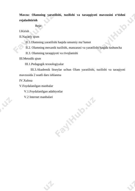 “olamning yaratilishi, tuzilishi va taraqqiyoti “ mavzusini o’qitishni ehtimoliy-statistik g’oya va tushunchalar asosida takomillashtirish metodikasini ishlab chiqish zarur. pedagog vazifaning hal etilishiga o’qituvchi faoliyatining mazmuni vositalarini loyihalash orqali amalga oshiriladi. zamonaviy inson chuqur bilimga ega bo’lish bilan birga hozirgi zamon tabiatshunosligining asosiy g’oyalari, uslublari natijalari haqida ilmiy tasavvurlarga ega bo’lish kerak. ii.1.olamning yaratilishi haqida umumiy ma’lumot olam- (lotincha universus) atamasi ostida fizik jamiki narsalar ya’ni: fazo, vaqt, materiya, energiya, inersiya, fizik qonunlar va konstantlar majmui tushiniladi. kundalik hayotda ‘‘olam‘‘ so‘zi yer sayyorasini anglatadi. astronomik kuzatishlarga ko‘ra, olam 13,730,12 milliard yoshda va kamida 93 millliard yorug‘lik yili uzunligida kesimga egadir. bizning sayyoramiz bo‘lgan yer yulduzlar, sayyoralar, asteroidlar, kometalar va boshqalar kabi osmon jismlaridan biridir. yer boshqa qator sayyoralar kabi quyosh atrofida aylanadi va quyosh tizimidagi osmon jismlari qatoriga kiradi. quyosh esa galaktikamizning yulduzlaridan biri hisoblanadi va atrofidagi sayyoralar, asteriodlar, yo‘ldoshlar, kometalar bilan bir tizim bo‘lib, galaktika bilan birga harakat qiladi. galaktikamiz …