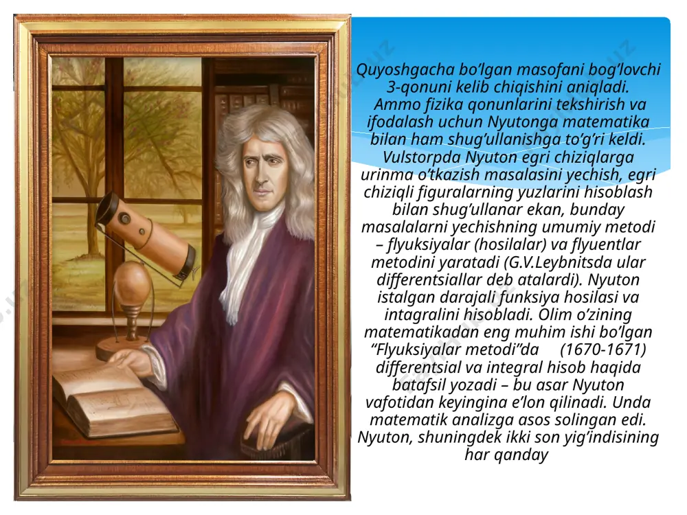 1666-yilda kembridjga qaytib kelganda, u o’zi bilan vulstorpdagi matematik mashg’ulotlarining nihoyatda mo’l va bebaho natijalarini olib keldi. bu materialarni nashr nashr qilishga yaroqli holga keltirishga uning hali vaqti yetishmas va buni amalga oshirishga shoshilmas ham edi. uning ishi ko’payadi, 1669-yil fizika-matematika kafedrasiga ega bo’ladi. 1672-yil uni london qirollik jamiyatining (angliya fanlar akademiyasi) a’zosi qilib saylaydilar. 1680-yilda nyuton o’zining asosiy asari “natural filosofiyaning matematik asoslari” ustida ish boshlaydi – unda nyuton o’zining olam sistemasini bayon qilishini niyat qiladi. kiyobning bosilishi tabiatshunoslik tarixida buyuk voqea bo’ldi. unda mexanikaning butun salobatli binosi hozirgi kunda nyuton qonunlari deb ataluvchi harakat aksiomalari asosida quriladi.nyuton o’z “asoslari”da yer va osmon mexanikasining o’sha vaqtda ma’lum bo’lgan asosiy faktlari, qattiq jism va nuqta harakatining qonunlari, sayyoralar harakatiga oid kepler qonunlarining hammasini sof matematik yo’lda ishlab chiqaradi. nyutonning ko’pchilik matematik asarlari o’z vaqtida chop etilmadi. nyuton asarlarining dastlabki nisbatan to’laroq chop etilishi 1704-yilda sodir bo’ladi. ular “uchinchi tartibli egri …