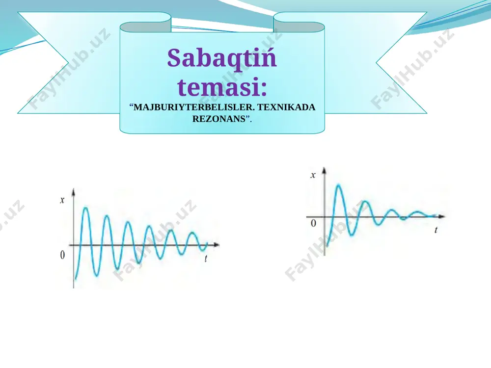 , sabaqqa tayarlaw maqsetinde to’mendegi sorawlardan paydalanaman paydalanaman. erkin terbelisler prujinalı mayatnik tok kúshi matematikalıq mayat nik terbelis amplitu dası gyugens formulası terbeliw dáwiri toi jılısıw terbeliw jiyiligi garmonikalıq terbelisler qanday da bir ortalıqta júz berip atırǵan erkin terbelisler sóniwshi terbelis boladı (5.5-súwret). sebebi, terbeliw dáwirinde terbeliwshi dene ortalıq tárepinen súykeliw sebepli qarsılıqqa ushıraydı. sol sebepli erkin terbelislerden ámelde paydalanılmaydı. 2.taza temani tu’sindiriw terbelisler sónbewi ushın jumsalatuǵın energiyanı dáwirli tárizde tólıqtırıp turıw kerek. bunıń ushın terbeliwshi sistemaǵa sırtqı kúshjárdeminde dáwirli tásir kórsetip turıw kerek. prujinaǵa ildirilgen júkti tómenge tartıp, jazdırıp jiberilse,ol terbelmeli qozǵaladı. bul waqıtta prujina ildirilgen temir ózektińtutqası aylandırılsa, terbelisler sónbeydi. sırttan dáwirli tárizde tásiretip turatuǵın kúsh tásirinde júz beretuǵın sistemanıń terbelis lerine májbúriy terbelisler delinedi. bul májbúriy terbelislerdi payda etetuǵın dáwirli ózgermelisırtqı kúshke májbúrlewshi kúshdelinedi. májbúriy terbelislerge kúndelikli turmıstan kóplegen mısallarkeltiriw múmkin. siz súyip tıńlaytuǵın radiodaǵı, magnitofondaǵı,televizordaǵı radiokernay lardıń membranası onnan ótetuǵınmájbúrlewshi tok tásirinde terbeledi. úyińiz yaki klasıńız …